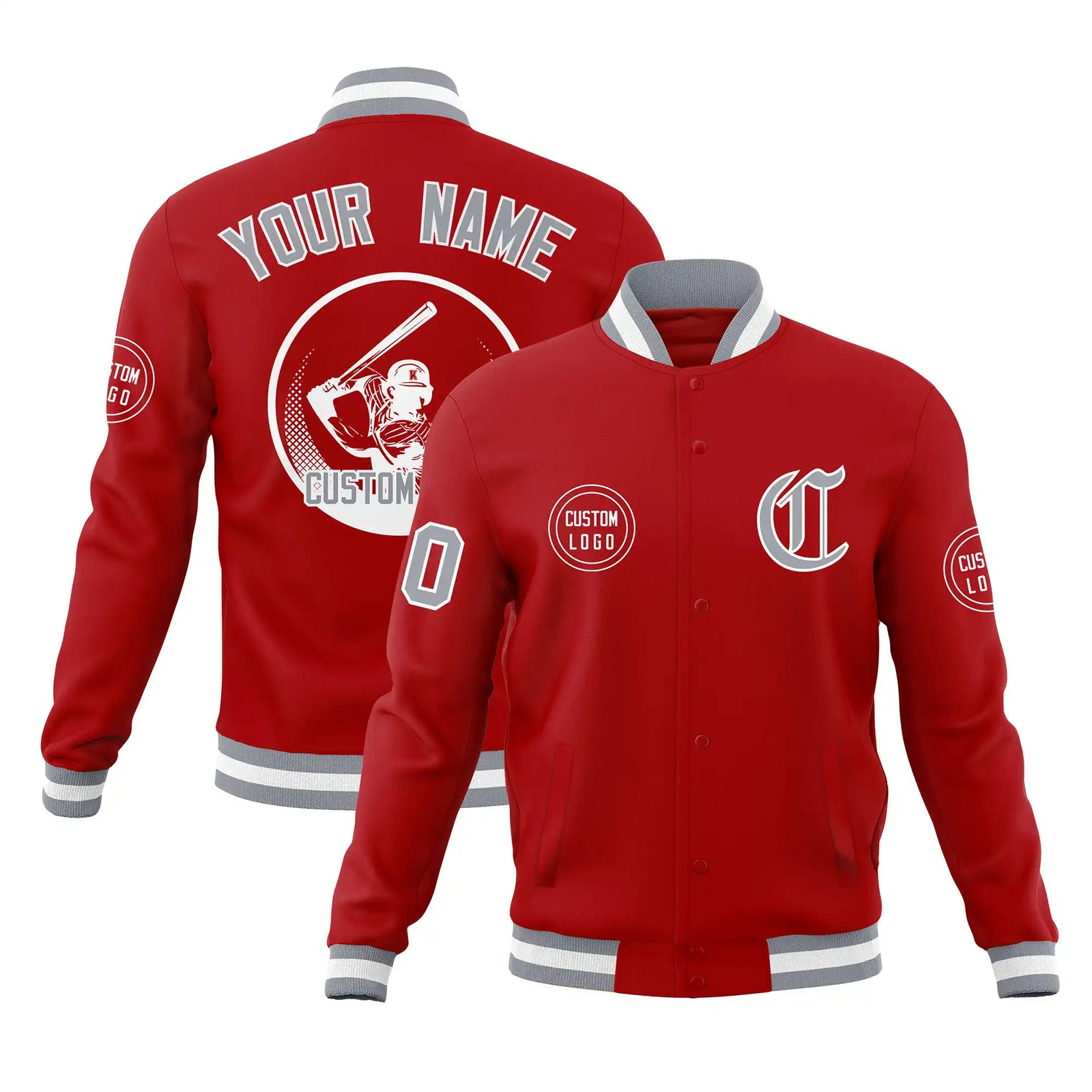 Custom Red Gray-White Bomber Full-Snap Varsity Letterman Jacket