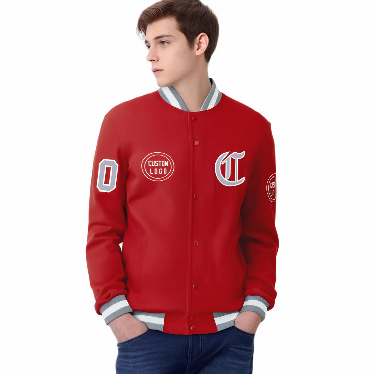 Custom Red Gray-White Bomber Full-Snap Varsity Letterman Jacket