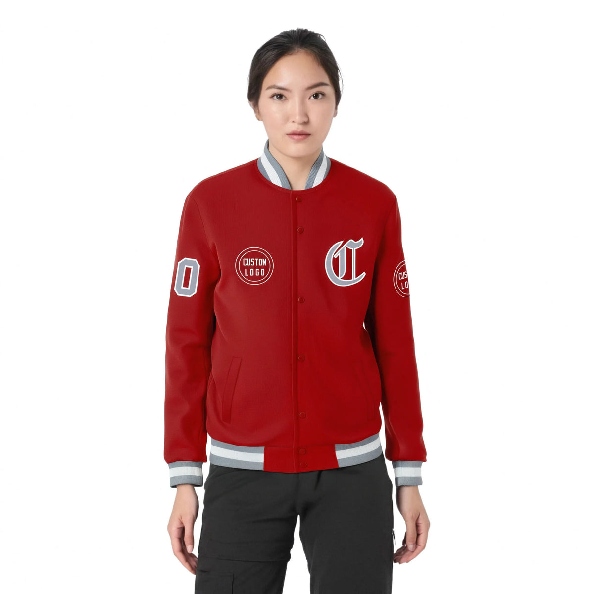 Custom Red Gray-White Bomber Full-Snap Varsity Letterman Jacket