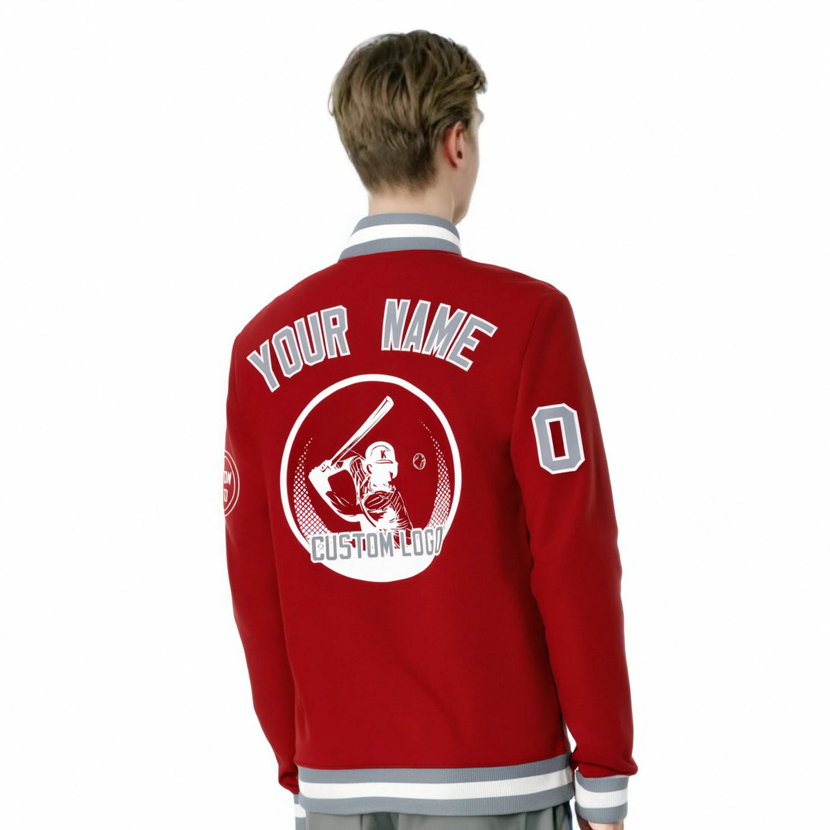 Custom Red Gray-White Bomber Full-Snap Varsity Letterman Jacket