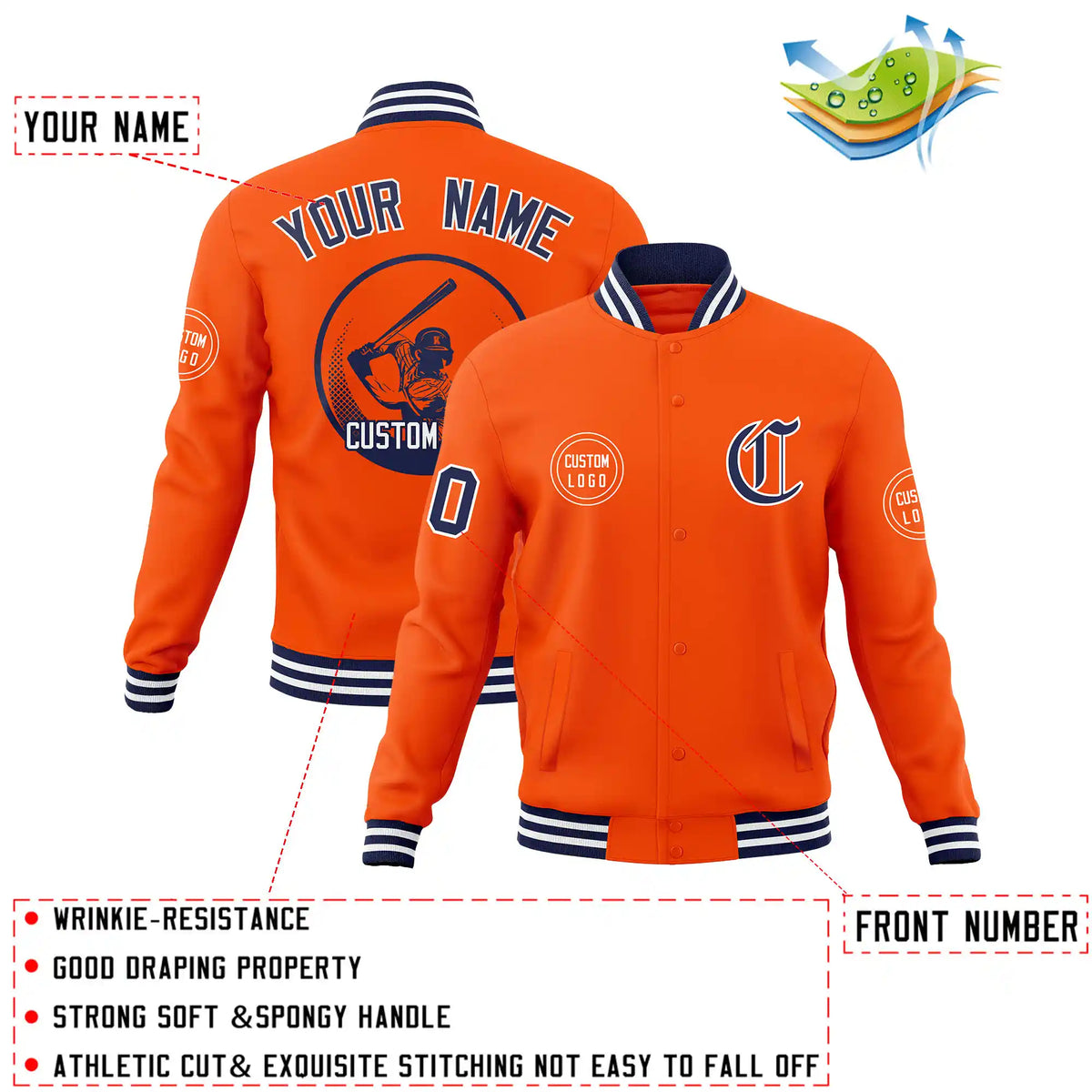 Custom Orange Navy-White Bomber Full-Snap Varsity Letterman Jacket