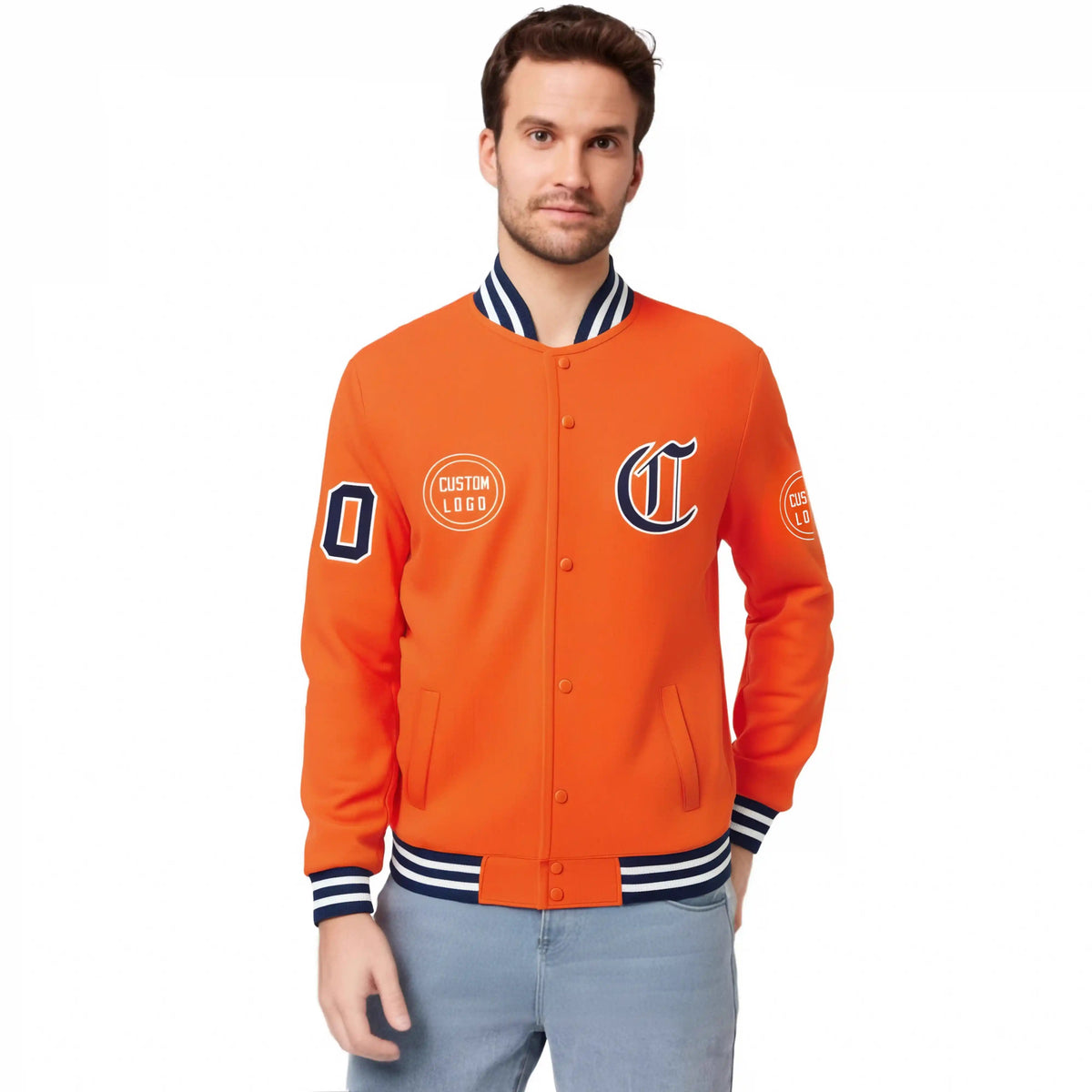 Custom Orange Navy-White Bomber Full-Snap Varsity Letterman Jacket