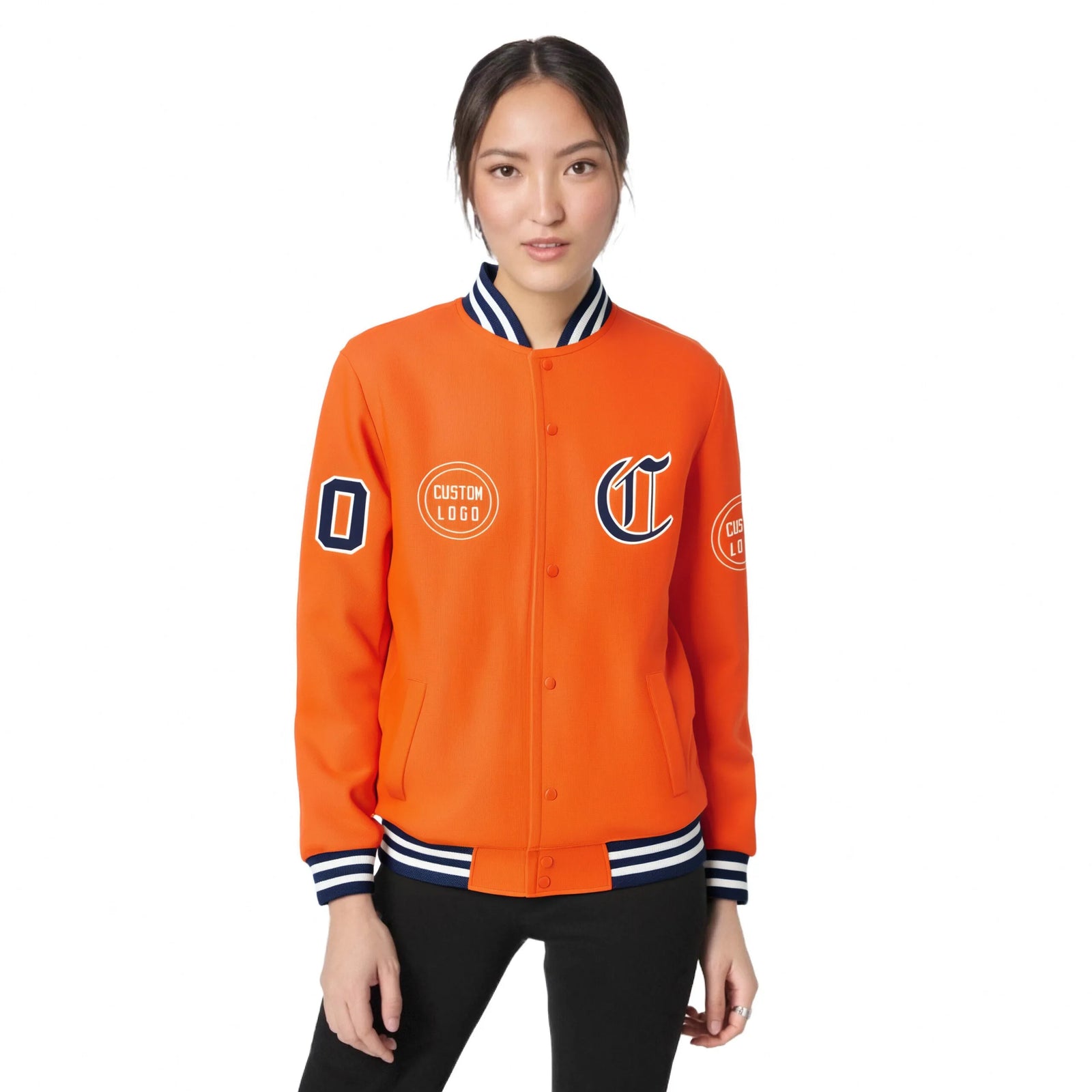 Custom Orange Navy-White Bomber Full-Snap Varsity Letterman Jacket