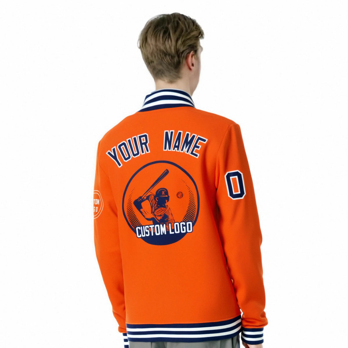 Custom Orange Navy-White Bomber Full-Snap Varsity Letterman Jacket