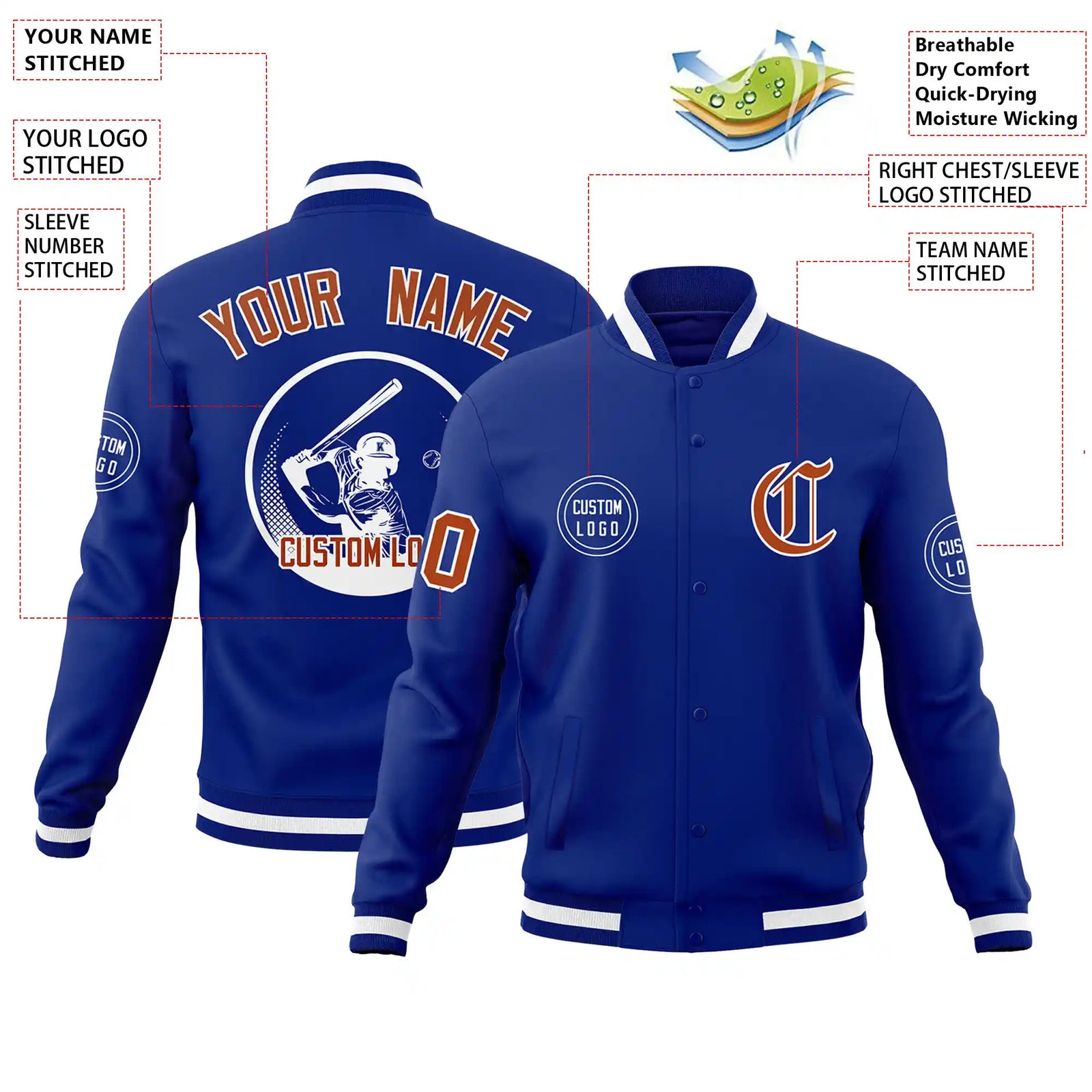 Custom Royal Blue Royal Blue-White Bomber Full-Snap Varsity Letterman Jacket