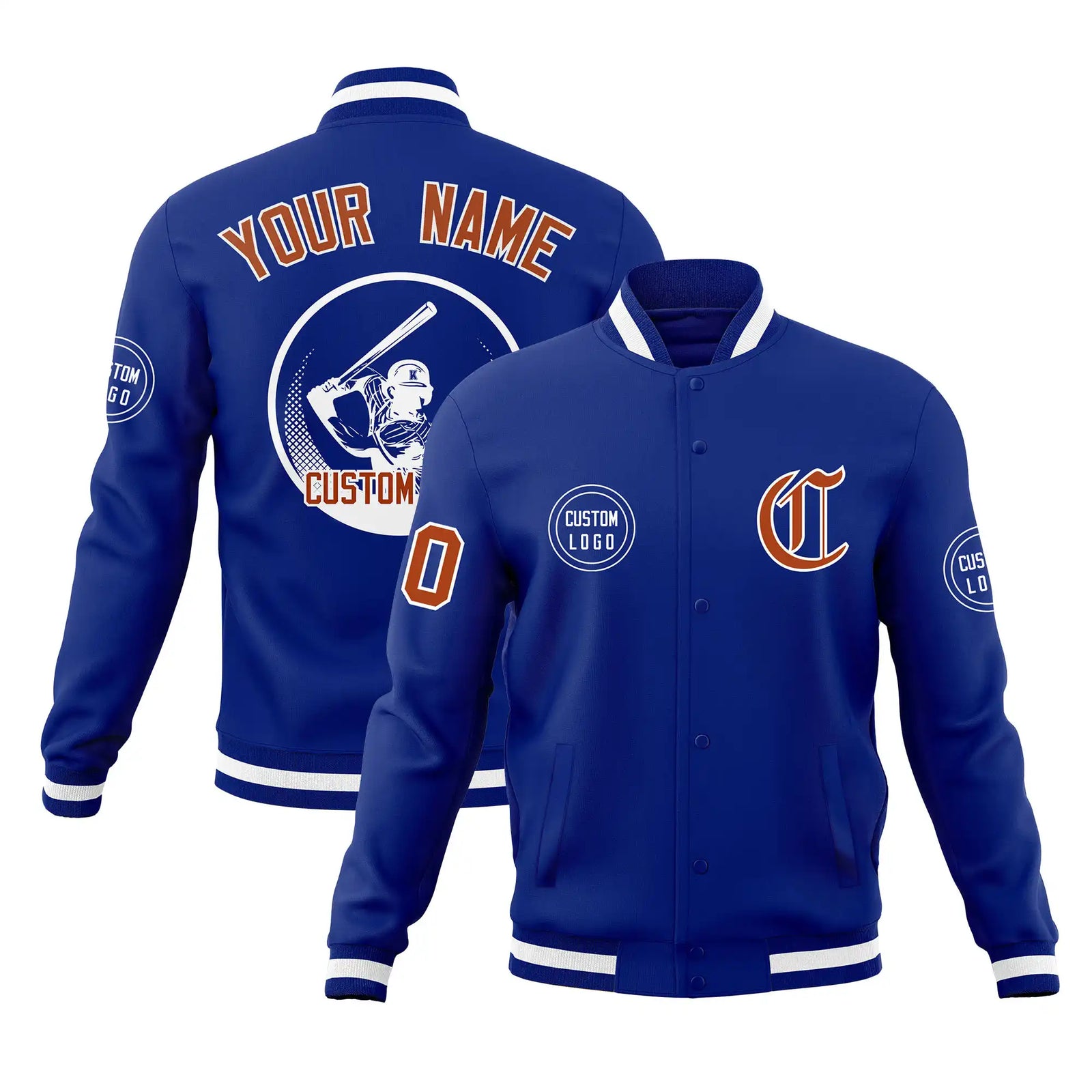 Custom Royal Blue Royal Blue-White Bomber Full-Snap Varsity Letterman Jacket