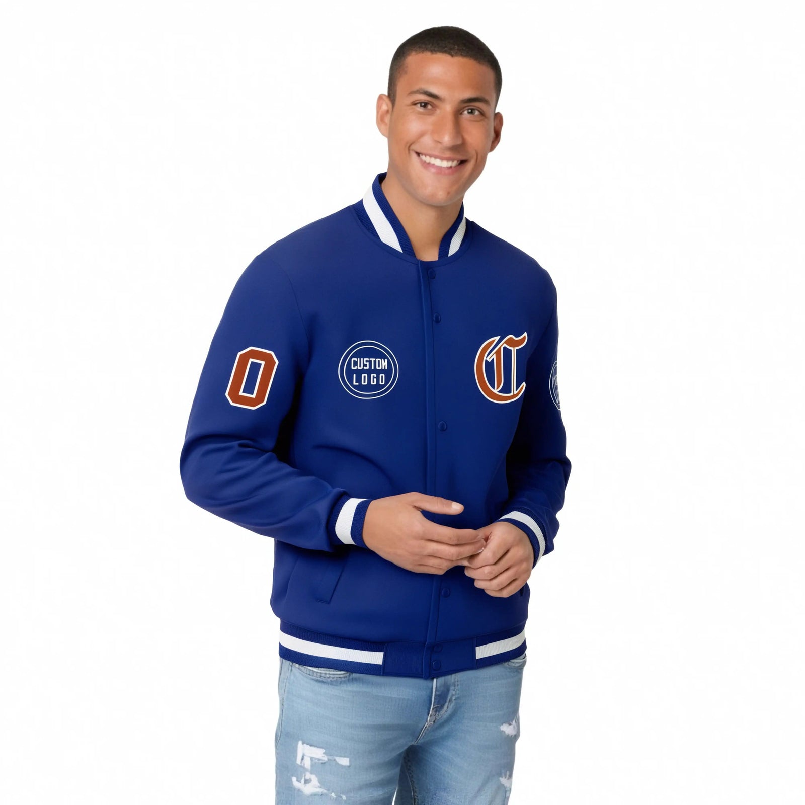 Custom Royal Blue Royal Blue-White Bomber Full-Snap Varsity Letterman Jacket
