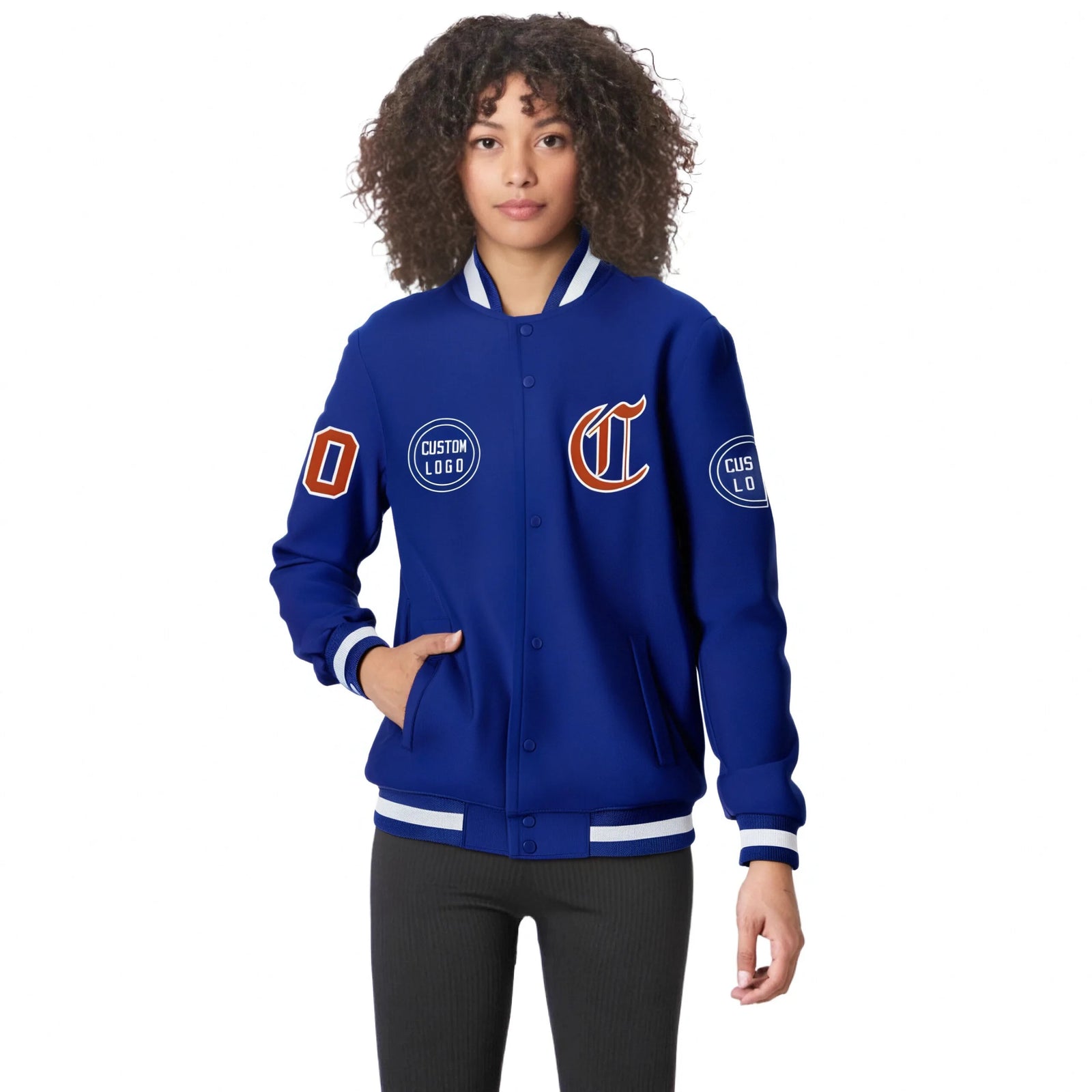 Custom Royal Blue Royal Blue-White Bomber Full-Snap Varsity Letterman Jacket
