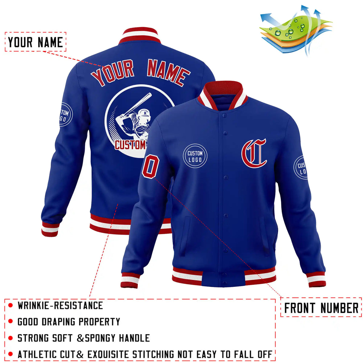 Custom Royal Blue Red-White Bomber Full-Snap Varsity Letterman Jacket