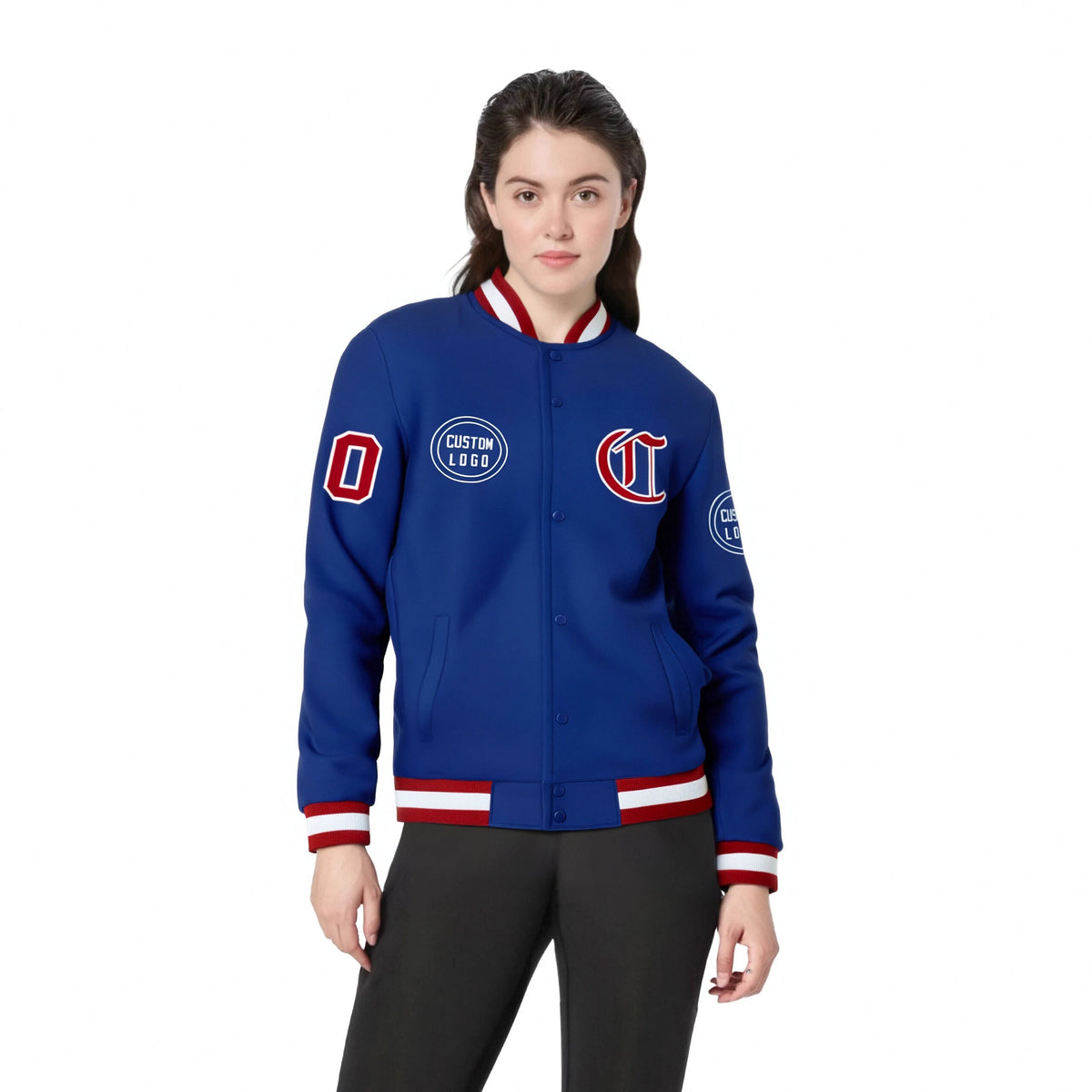 Custom Royal Blue Red-White Bomber Full-Snap Varsity Letterman Jacket
