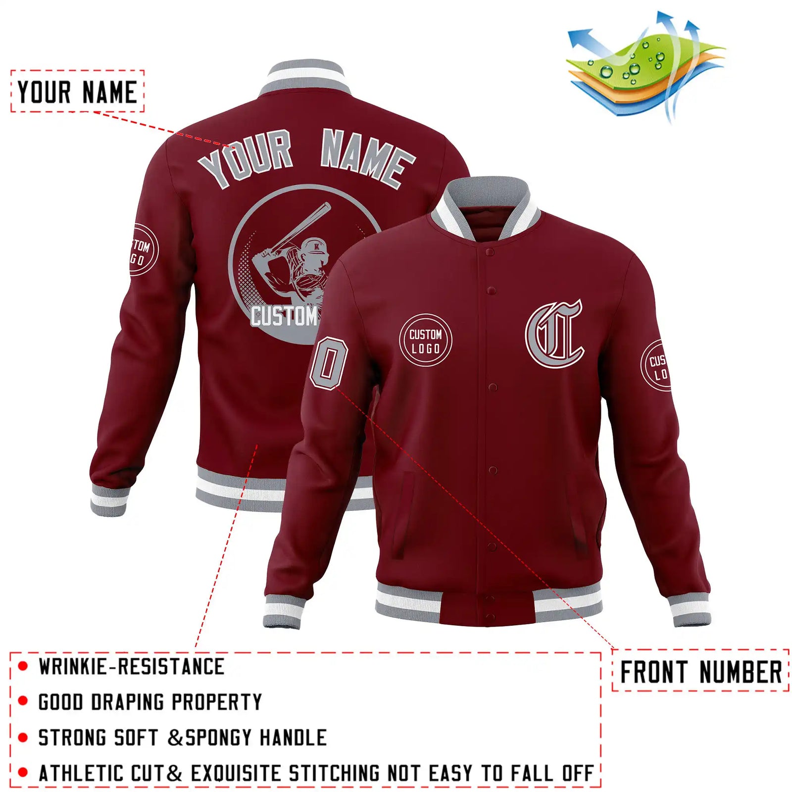 Custom Crimson Gray-White Bomber Full-Snap Varsity Letterman Jacket