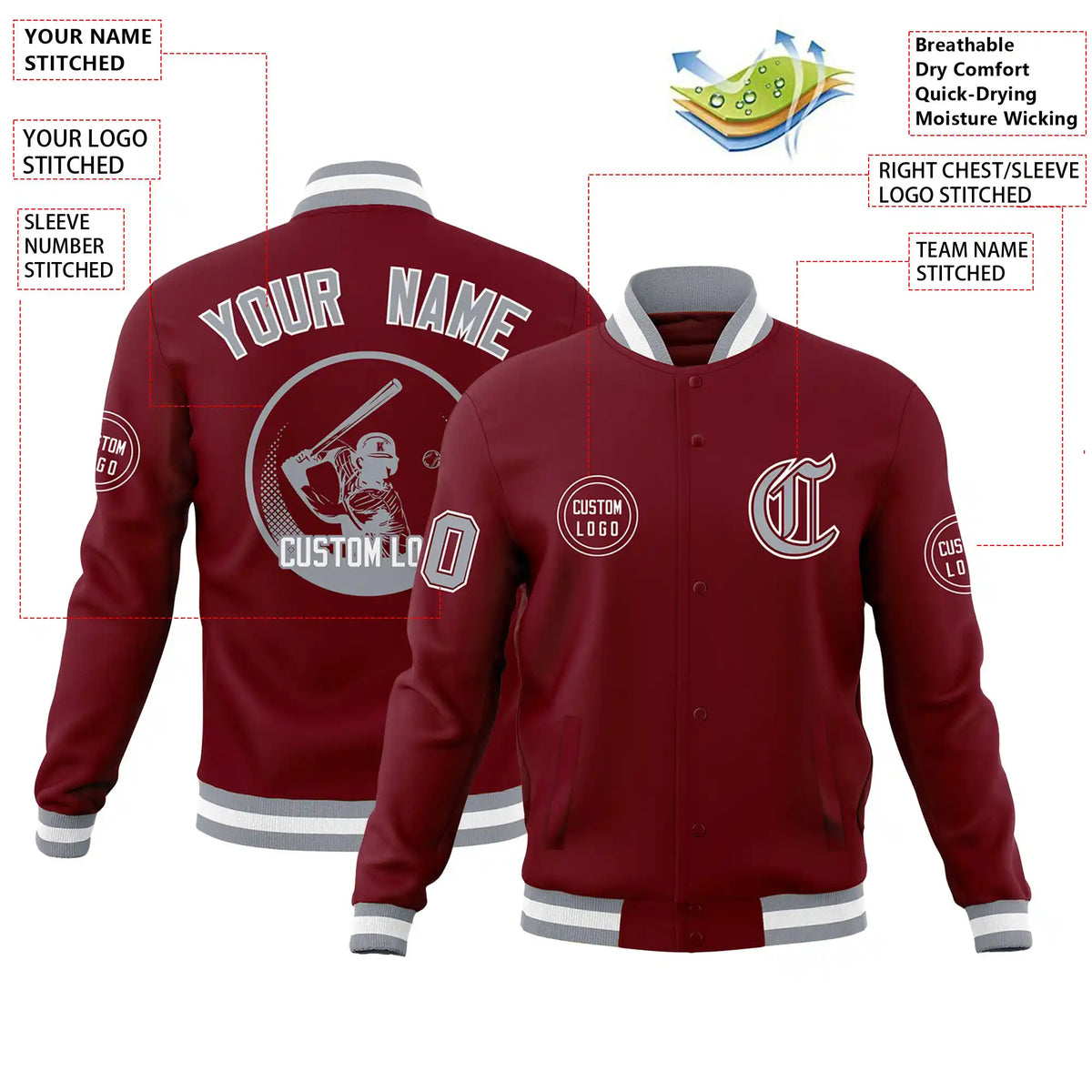 Custom Crimson Gray-White Bomber Full-Snap Varsity Letterman Jacket