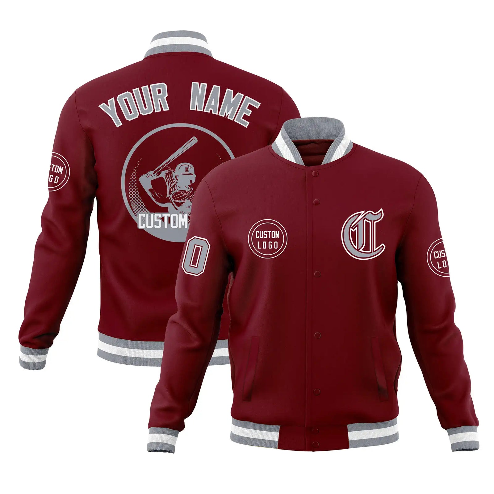 Custom Crimson Gray-White Bomber Full-Snap Varsity Letterman Jacket