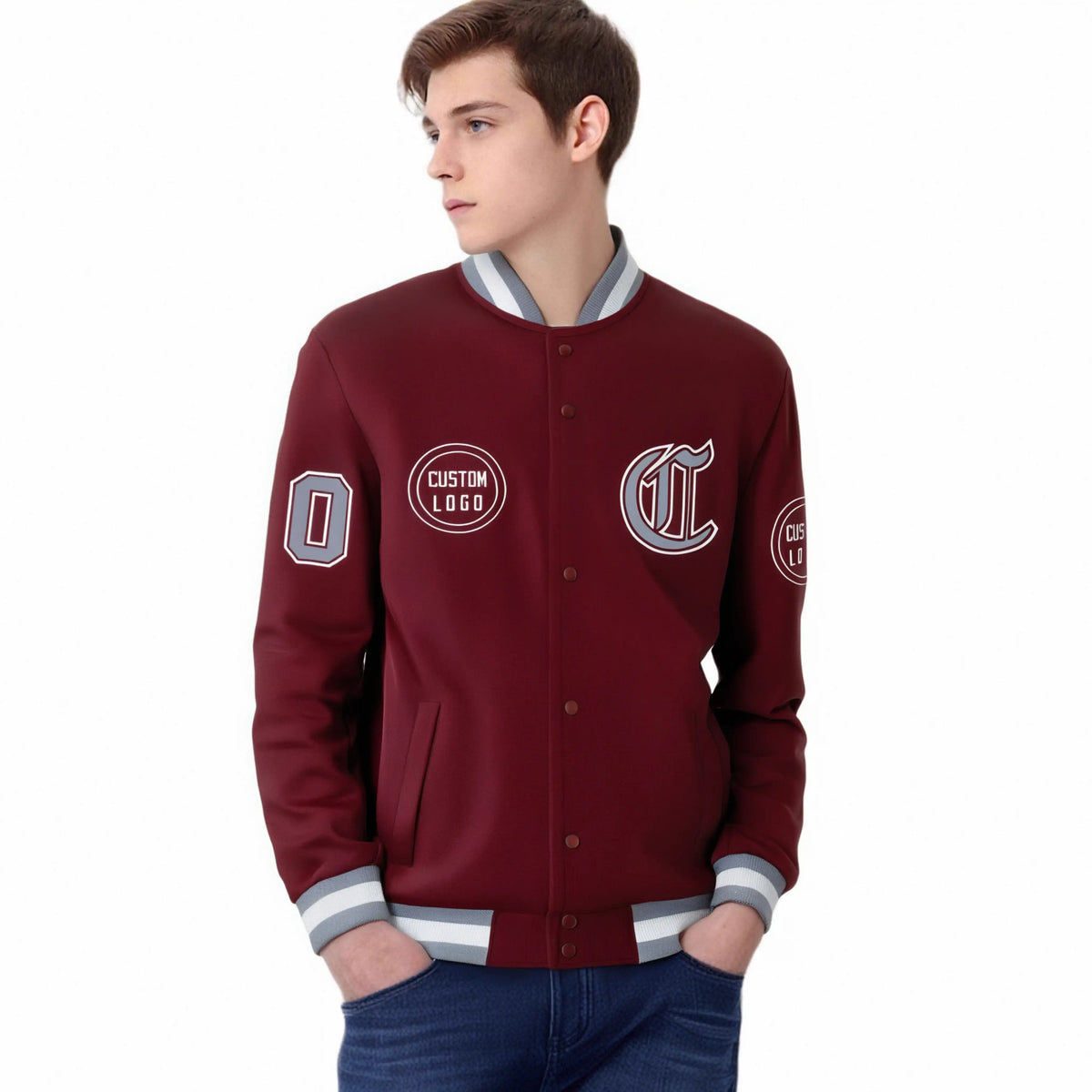 Custom Crimson Gray-White Bomber Full-Snap Varsity Letterman Jacket