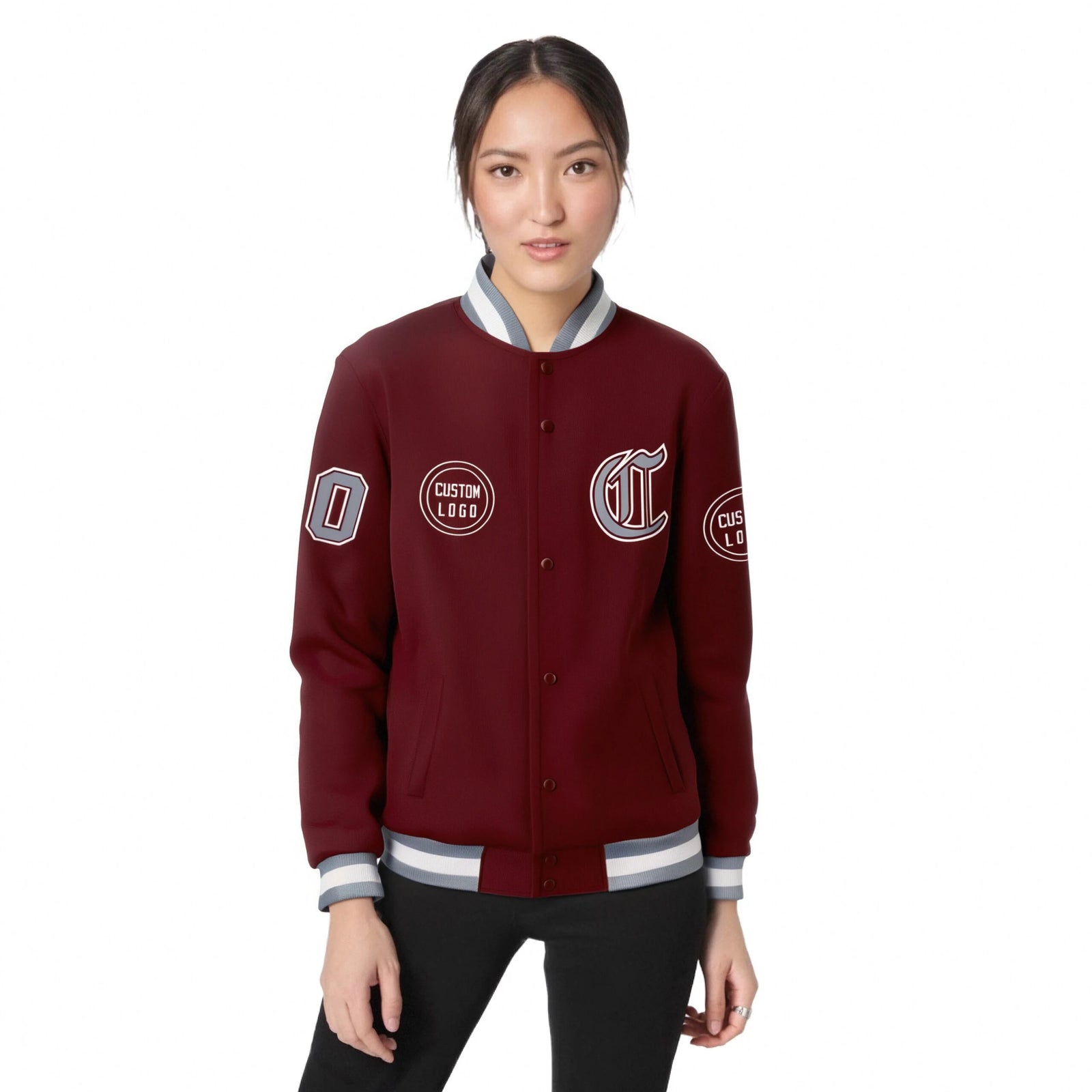 Custom Crimson Gray-White Bomber Full-Snap Varsity Letterman Jacket