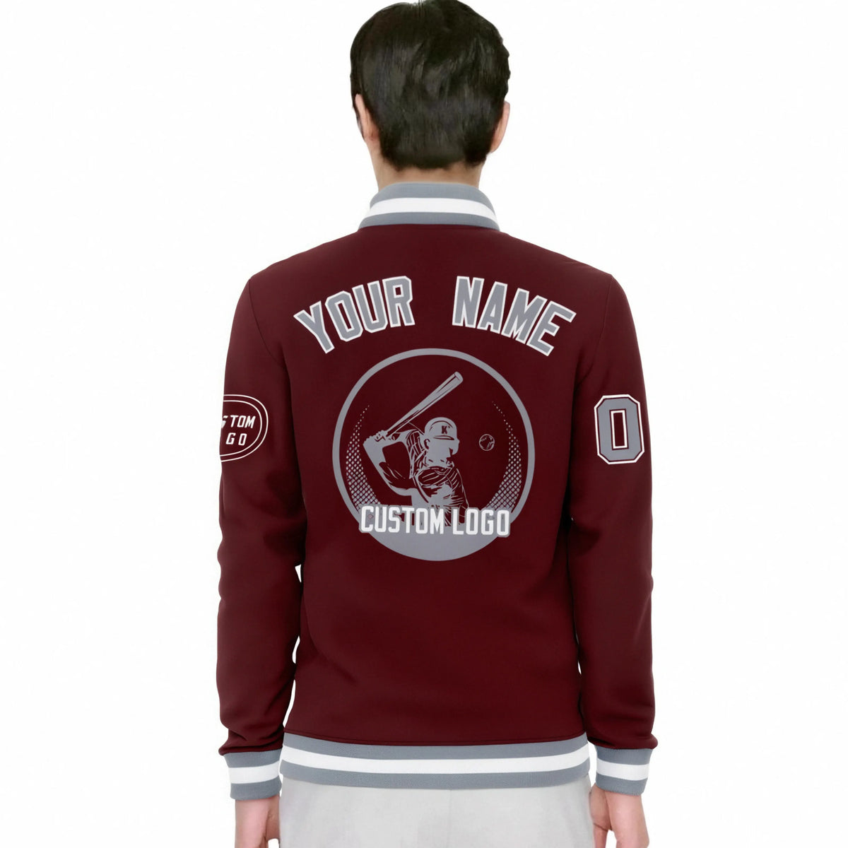 Custom Crimson Gray-White Bomber Full-Snap Varsity Letterman Jacket