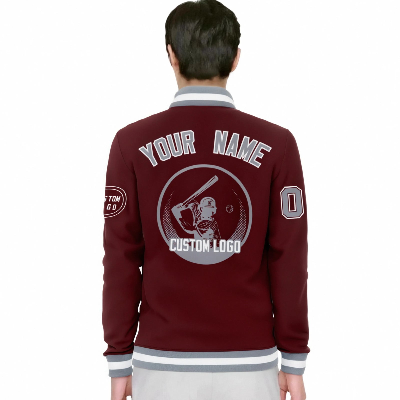 Custom Crimson Gray-White Bomber Full-Snap Varsity Letterman Jacket