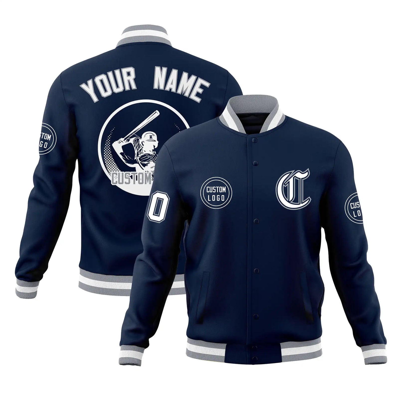 Custom Navy Gray-White Bomber Full-Snap Varsity Letterman Jacket