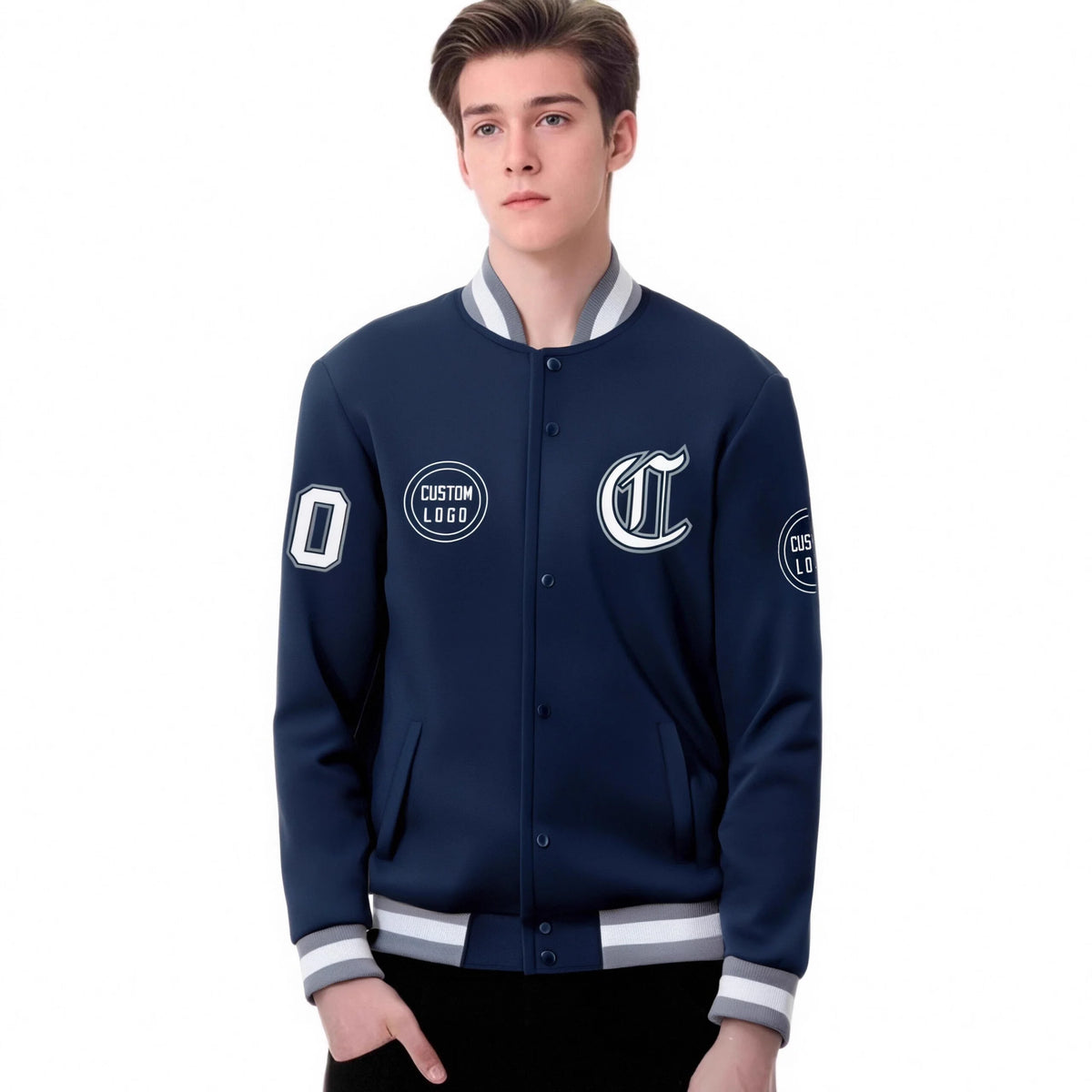 Custom Navy Gray-White Bomber Full-Snap Varsity Letterman Jacket