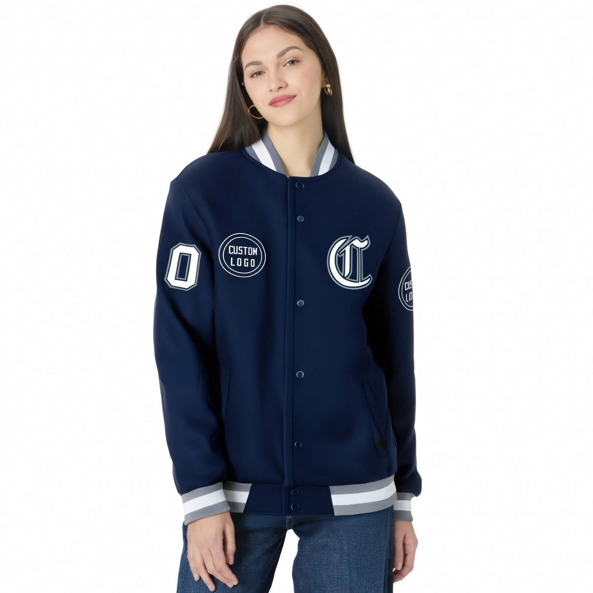 Custom Navy Gray-White Bomber Full-Snap Varsity Letterman Jacket