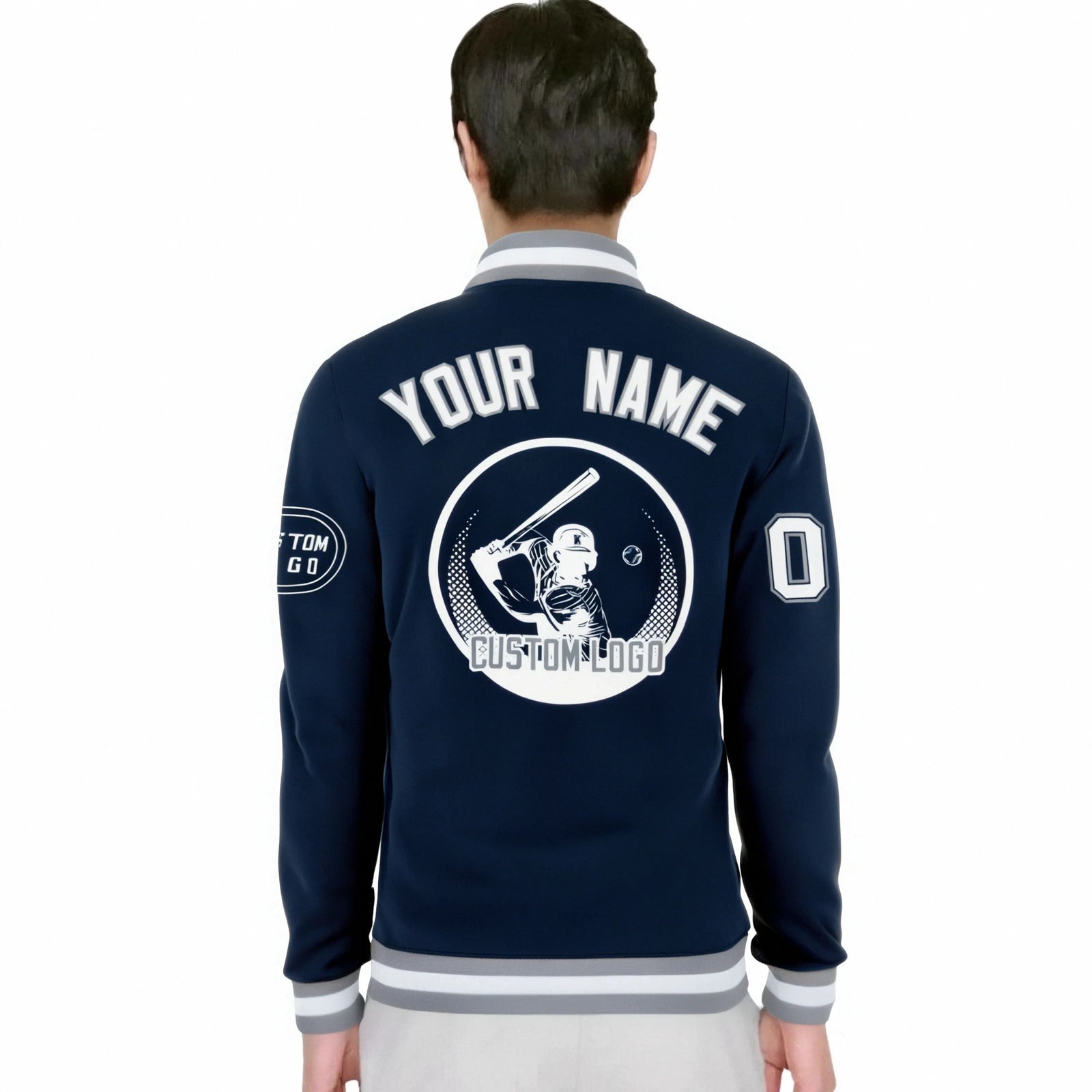 Custom Navy Gray-White Bomber Full-Snap Varsity Letterman Jacket