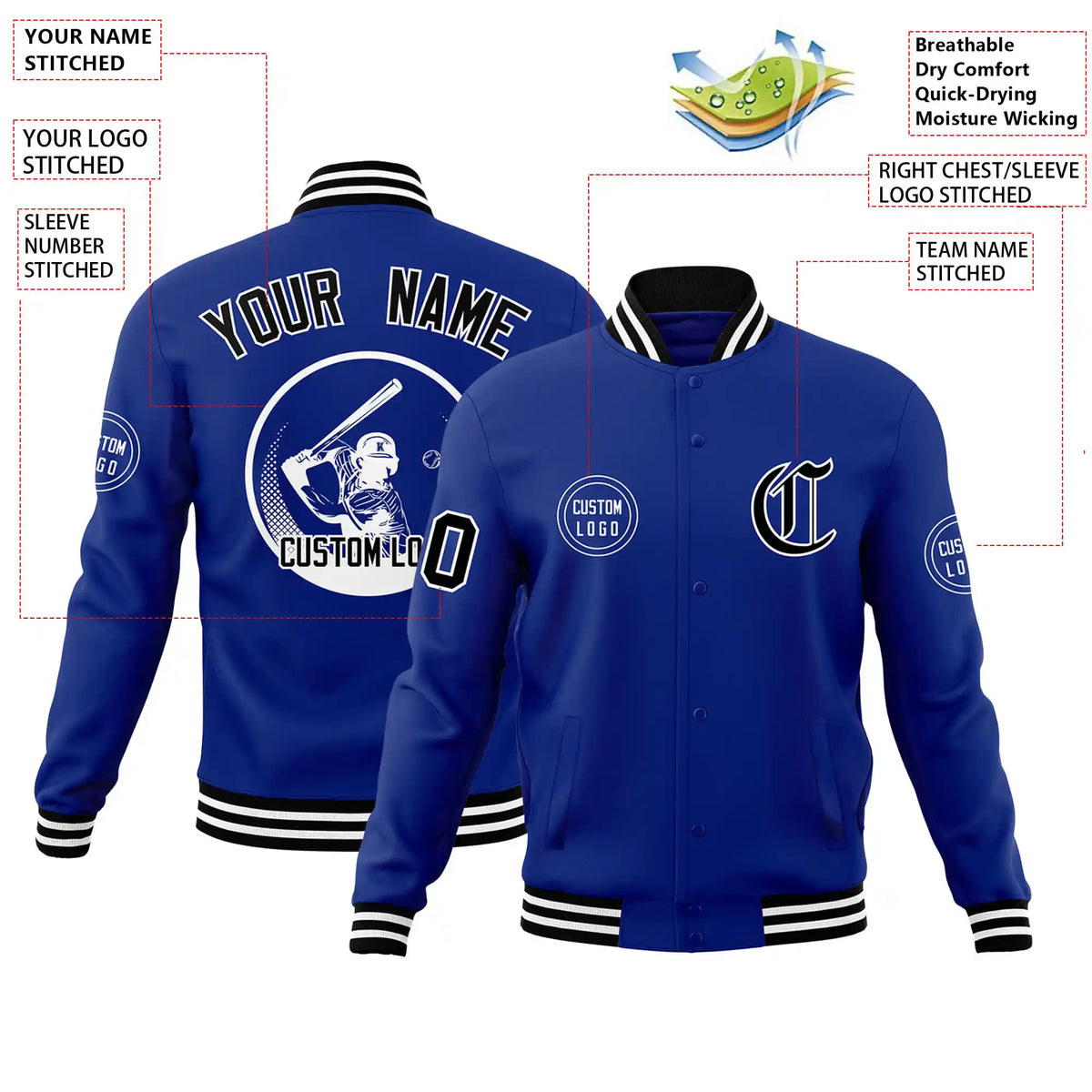 Custom Royal Blue Black-White Bomber Full-Snap Varsity Letterman Jacket