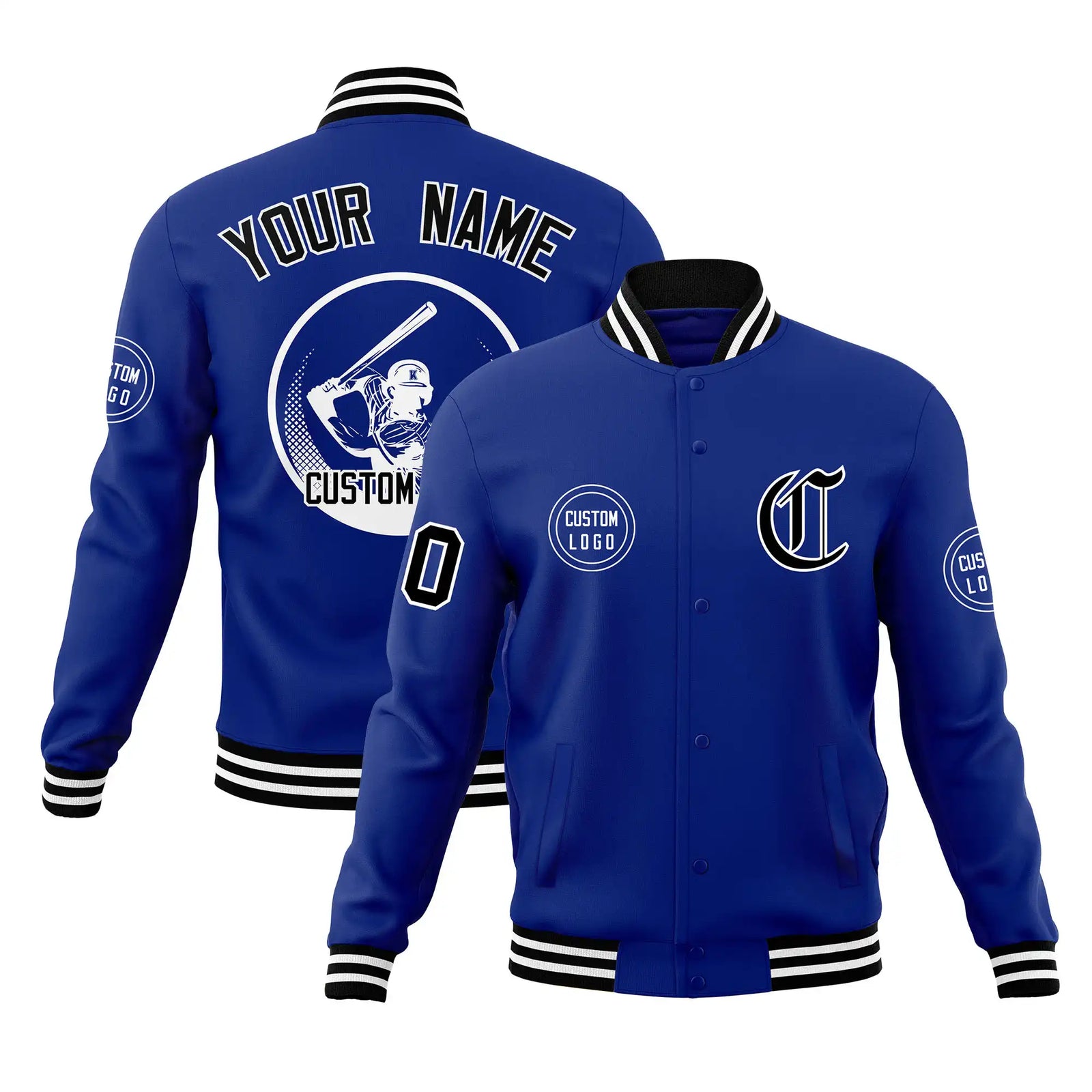 Custom Royal Blue Black-White Bomber Full-Snap Varsity Letterman Jacket