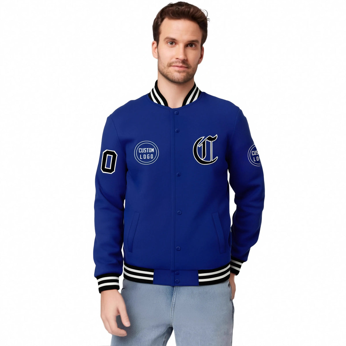 Custom Royal Blue Black-White Bomber Full-Snap Varsity Letterman Jacket