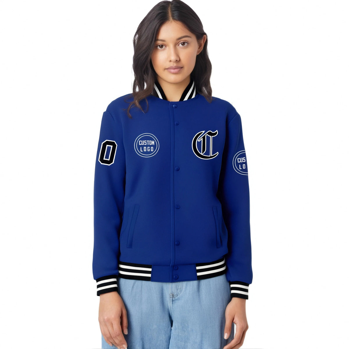 Custom Royal Blue Black-White Bomber Full-Snap Varsity Letterman Jacket