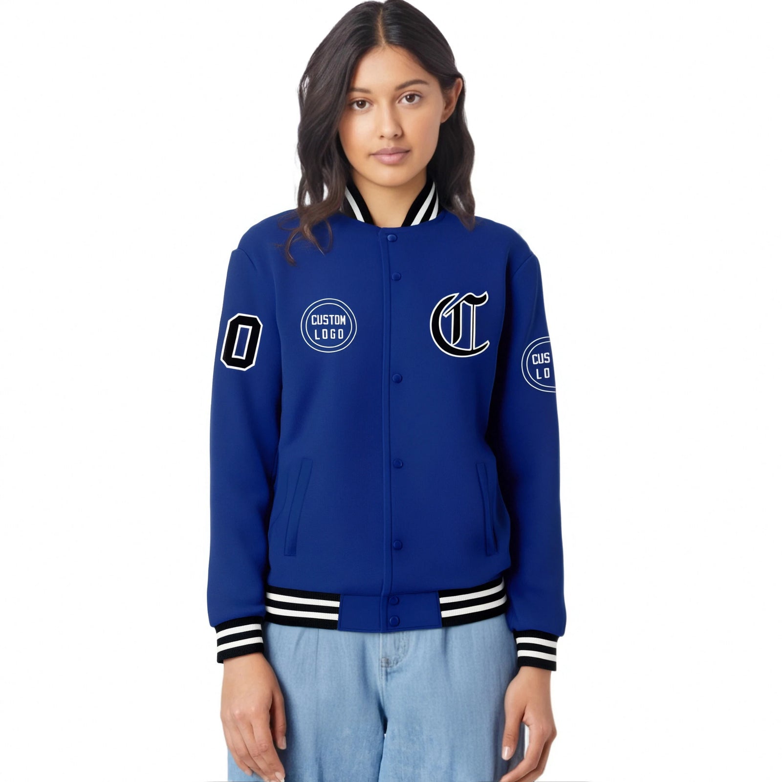 Custom Royal Blue Black-White Bomber Full-Snap Varsity Letterman Jacket