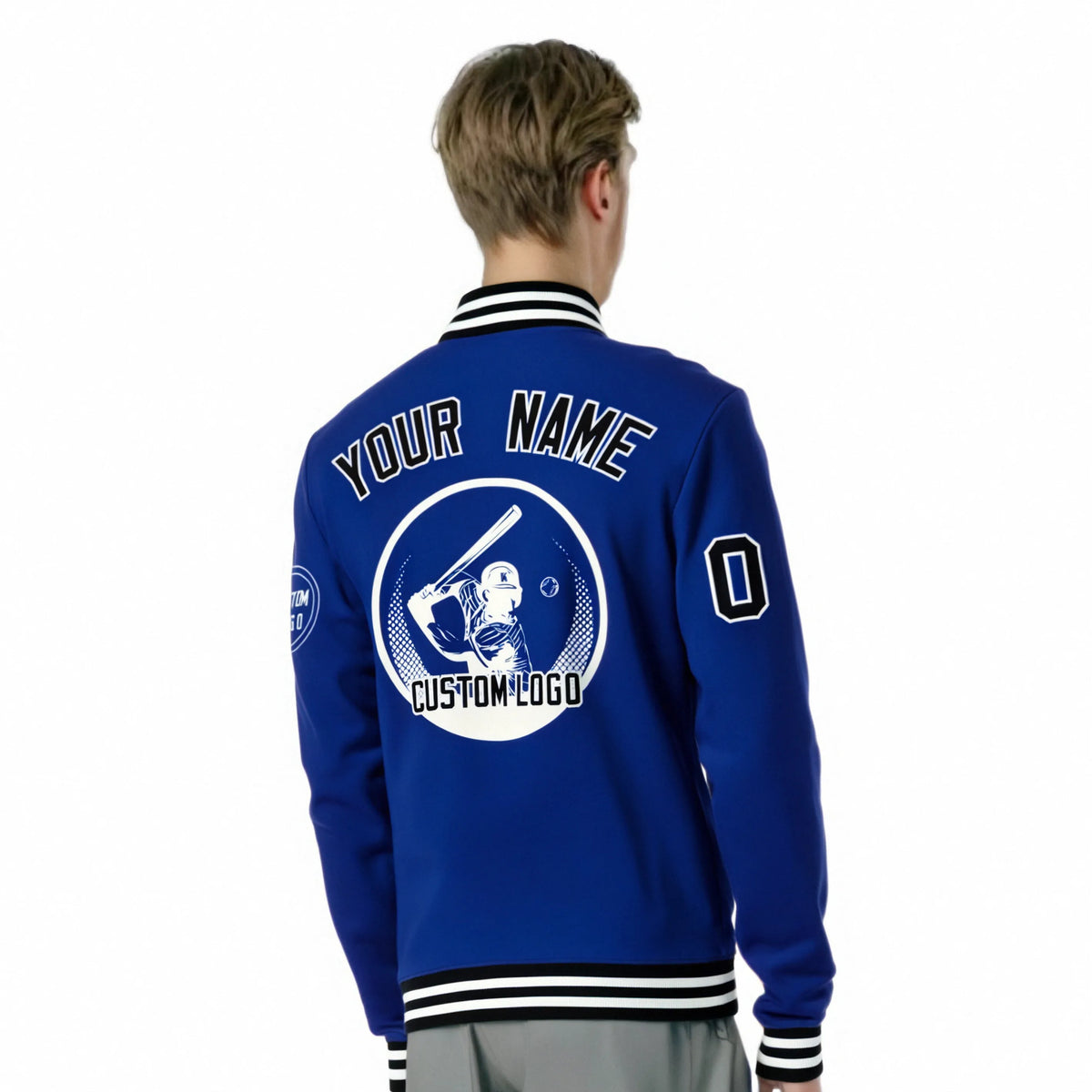 Custom Royal Blue Black-White Bomber Full-Snap Varsity Letterman Jacket
