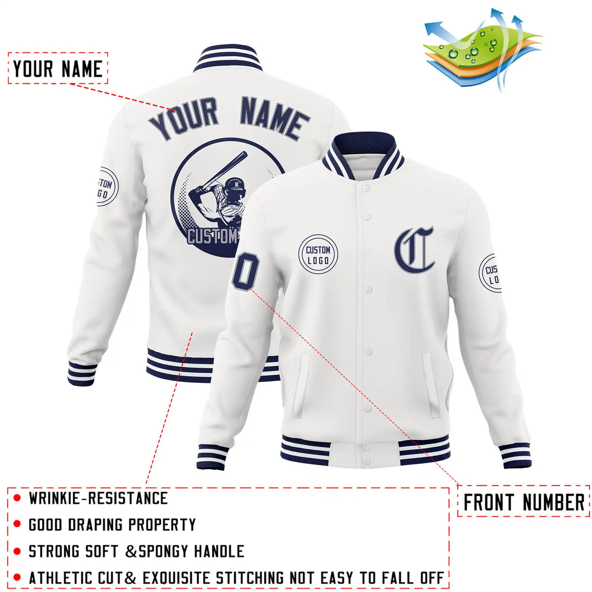 Custom White Navy-White Bomber Full-Snap Varsity Letterman Jacket
