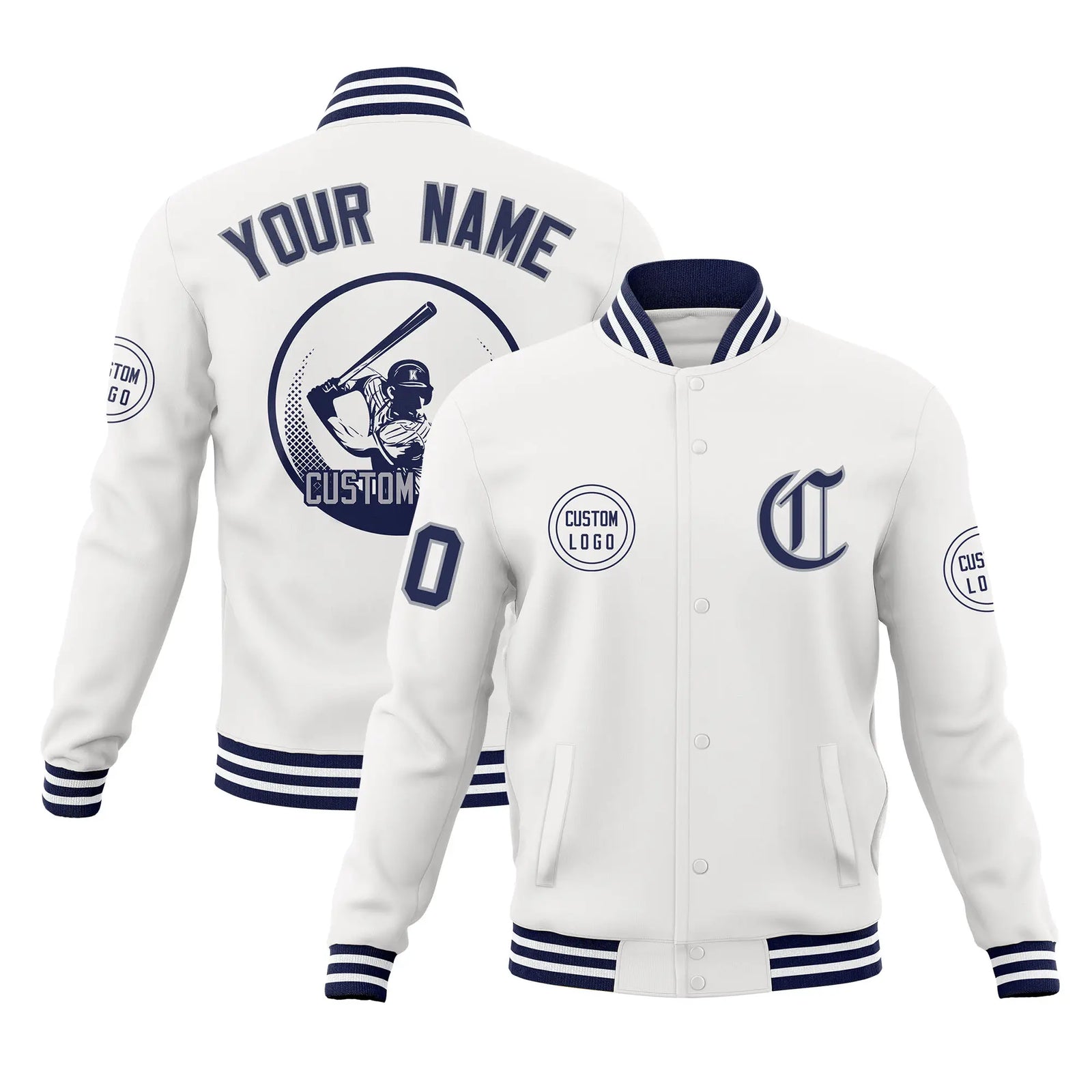 Custom White Navy-White Bomber Full-Snap Varsity Letterman Jacket