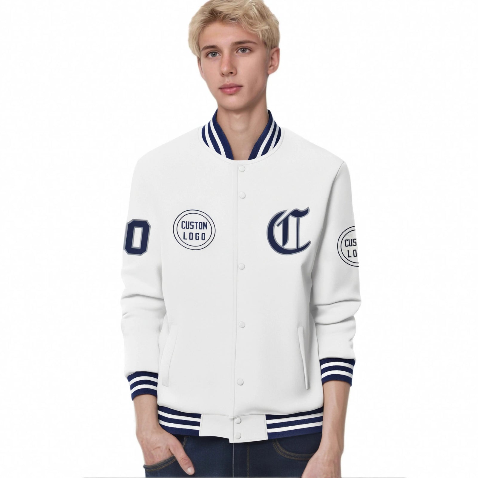 Custom White Navy-White Bomber Full-Snap Varsity Letterman Jacket