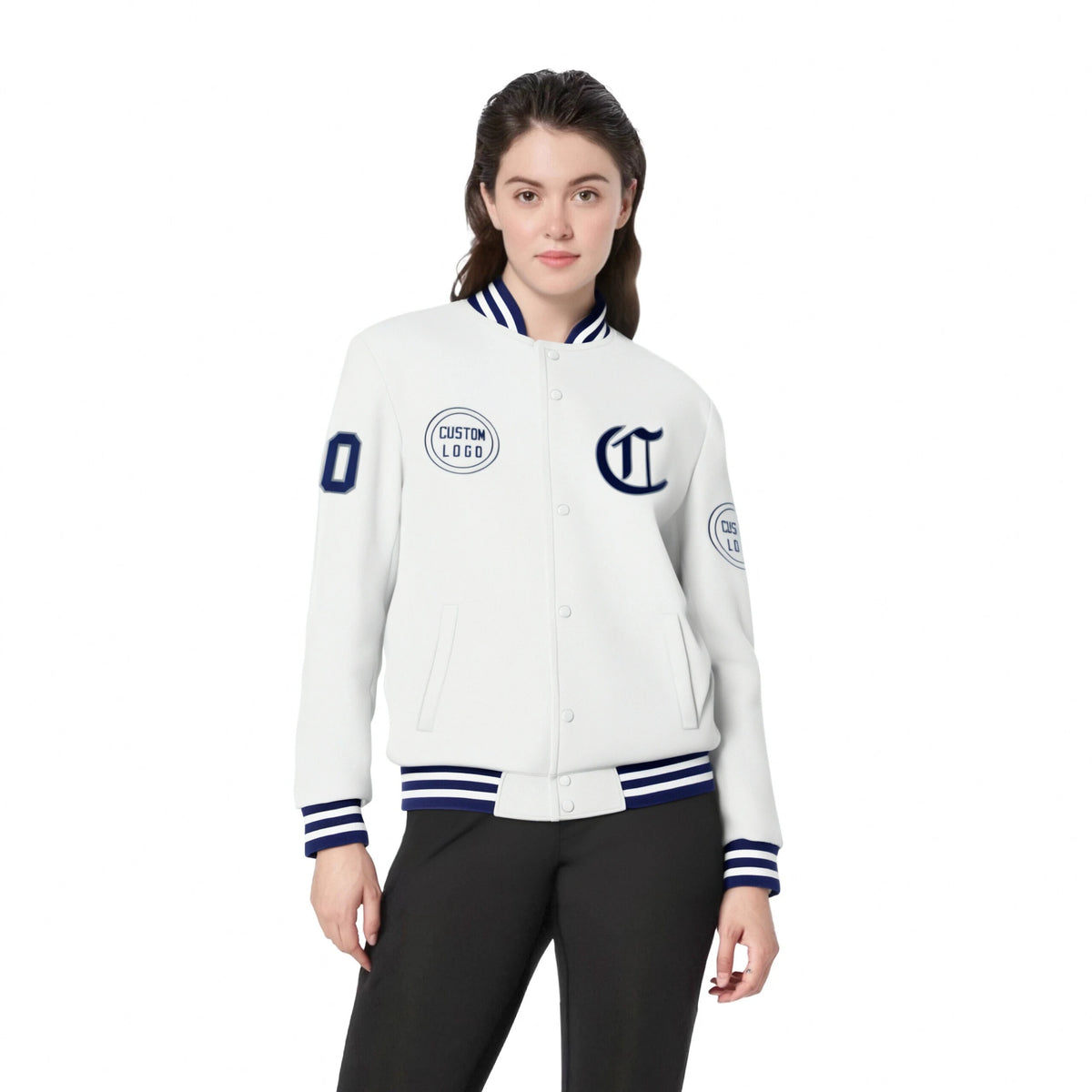 Custom White Navy-White Bomber Full-Snap Varsity Letterman Jacket