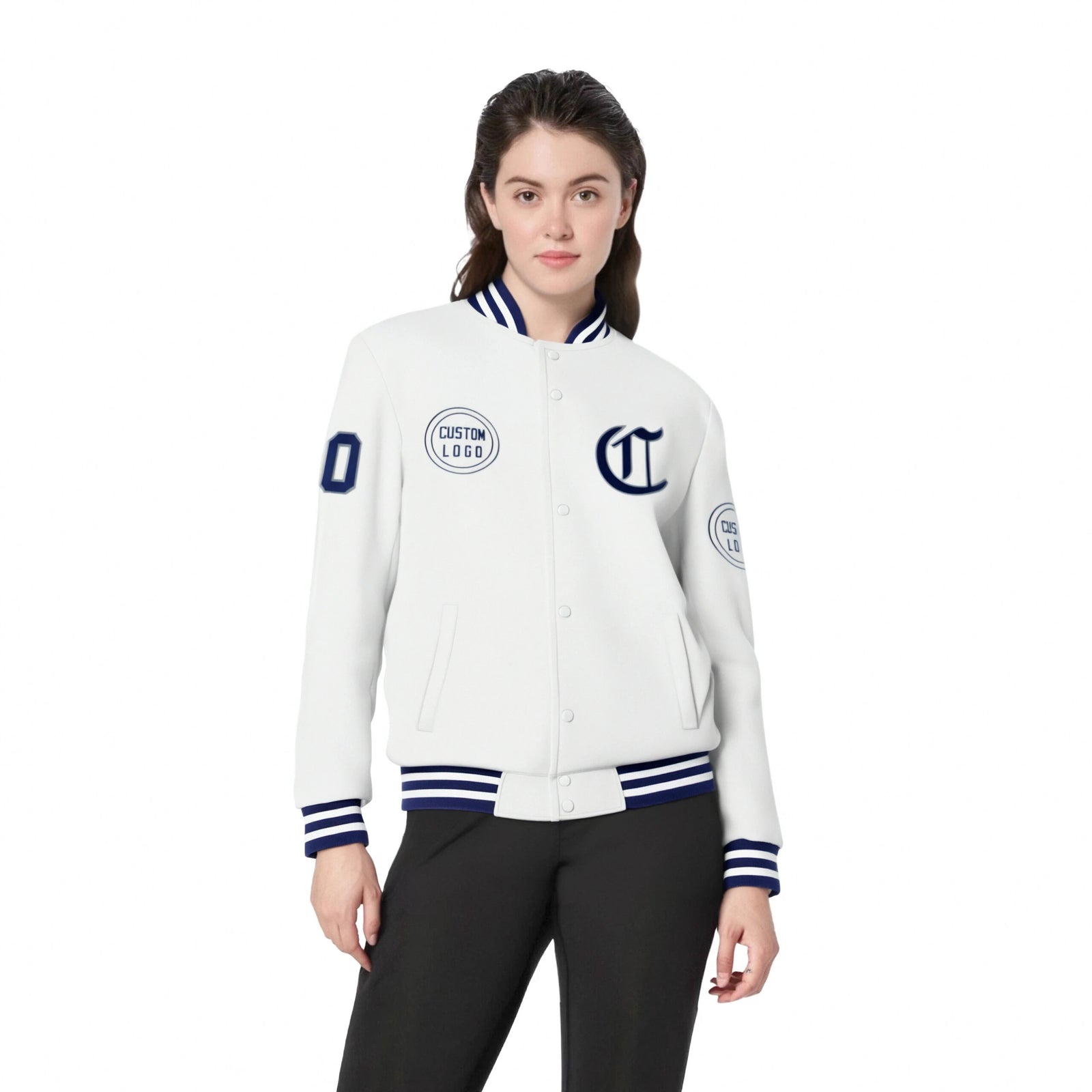 Custom White Navy-White Bomber Full-Snap Varsity Letterman Jacket