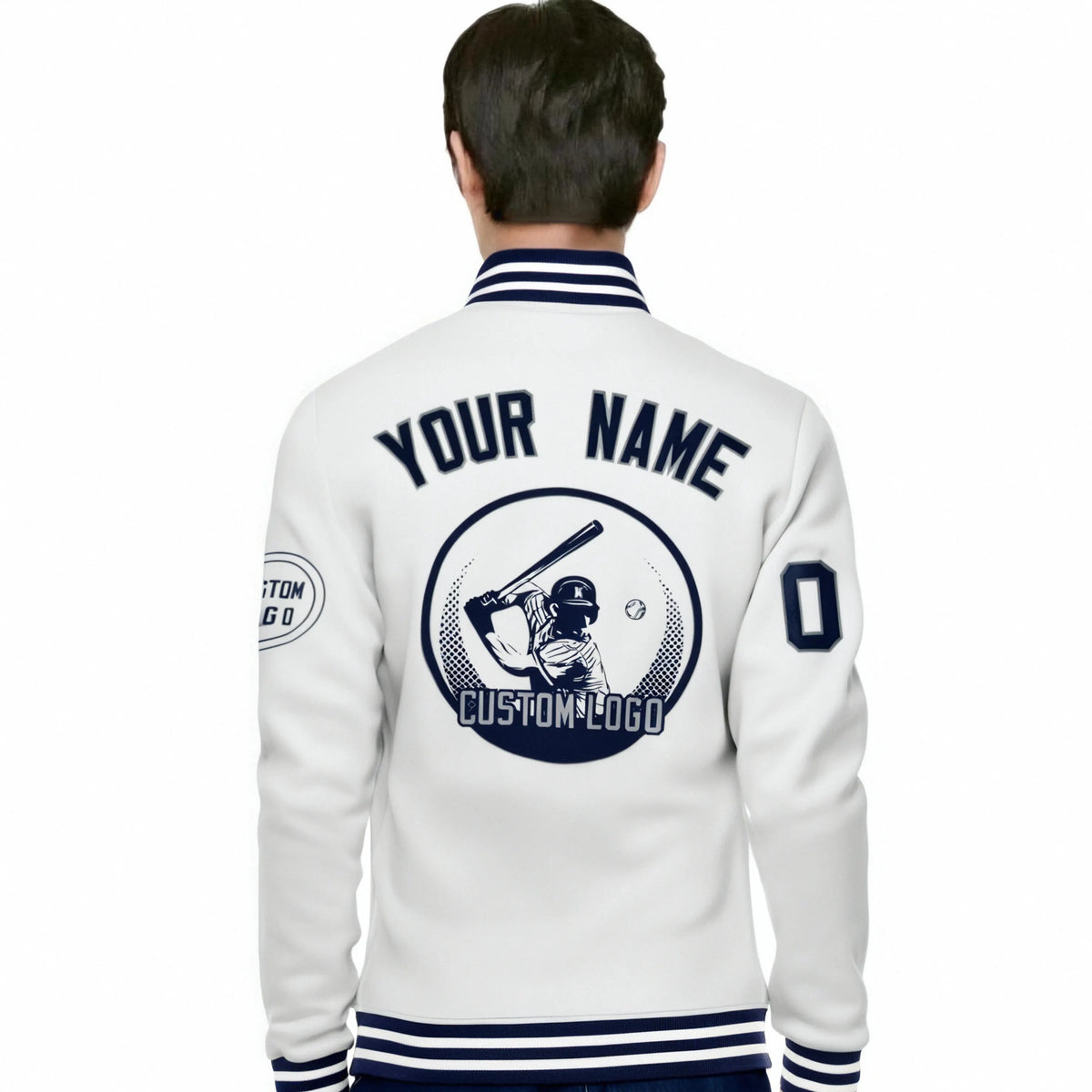 Custom White Navy-White Bomber Full-Snap Varsity Letterman Jacket