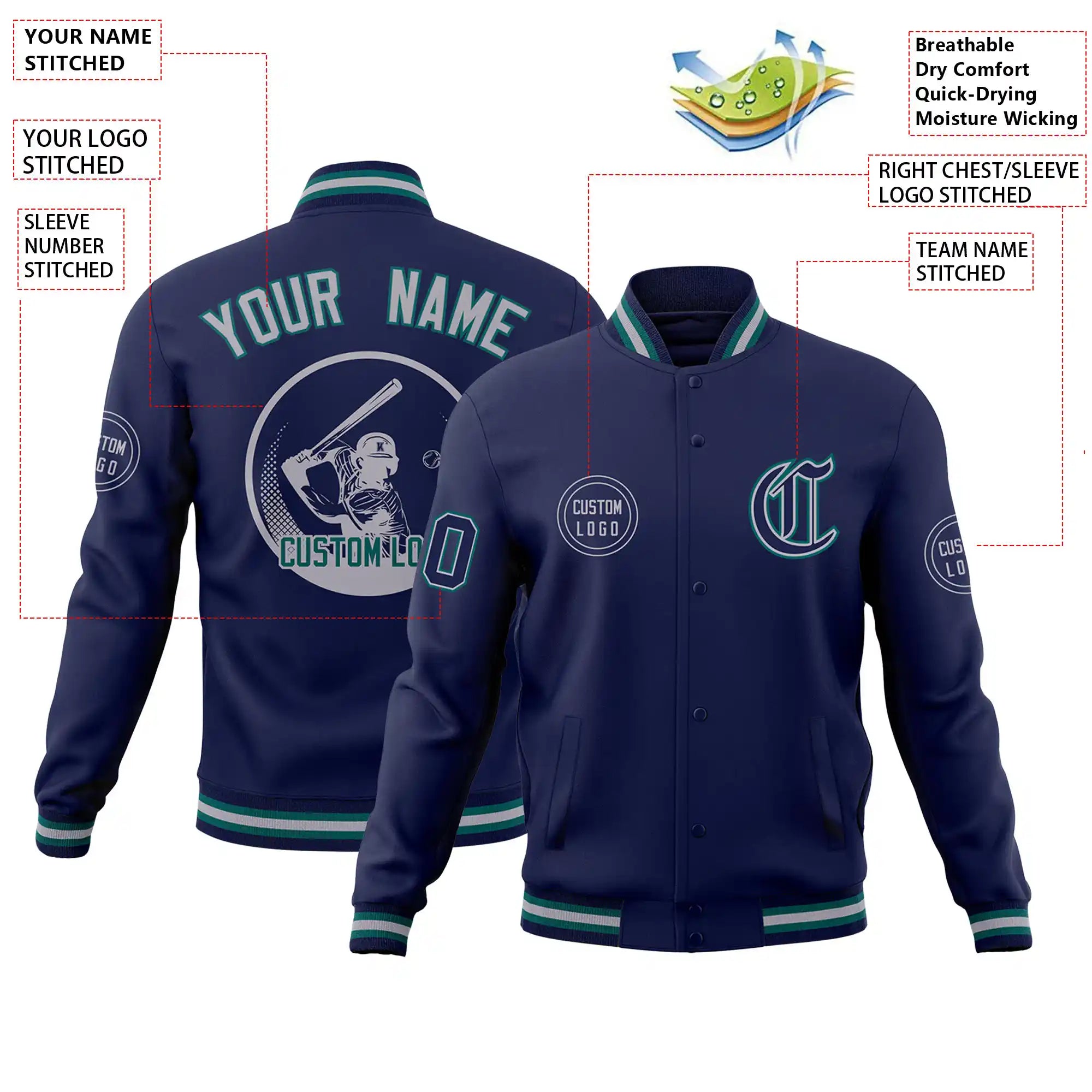 Custom Navy Aqua-Gray Bomber Full-Snap Varsity Letterman Jacket