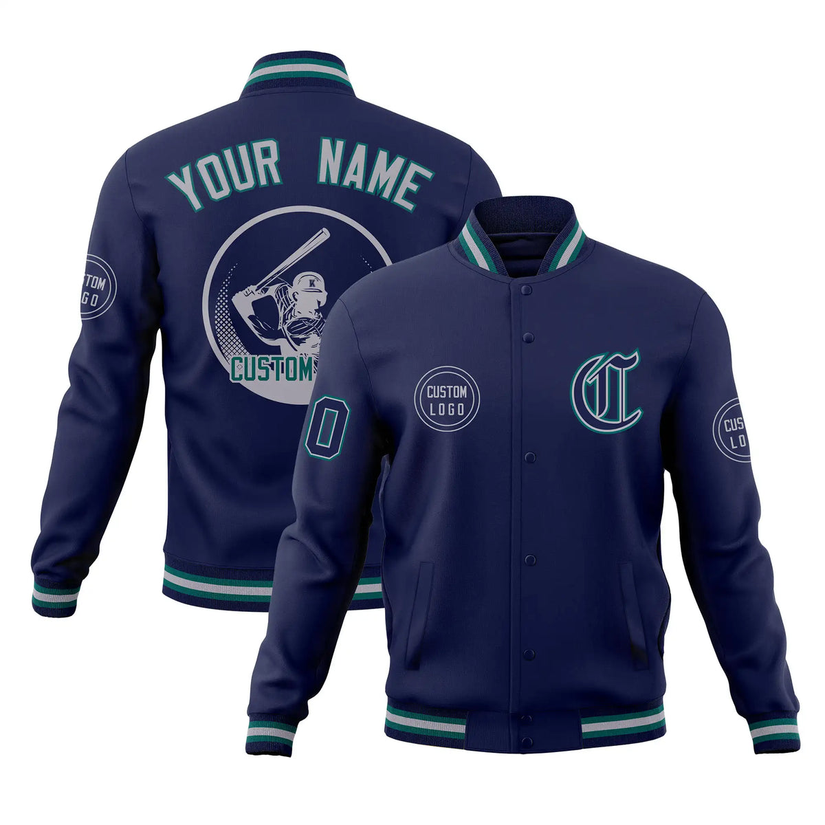 Custom Navy Aqua-Gray Bomber Full-Snap Varsity Letterman Jacket