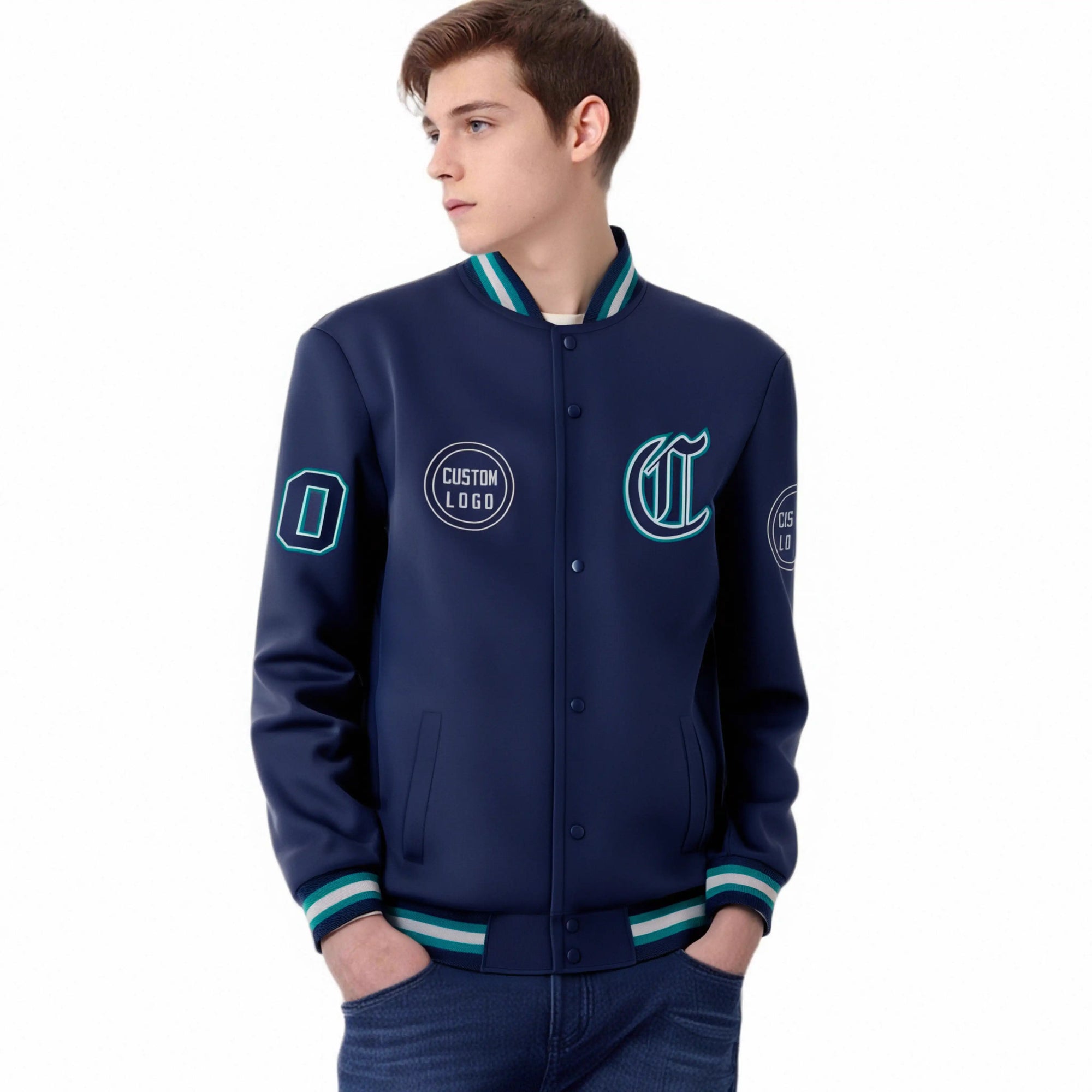 Custom Navy Aqua-Gray Bomber Full-Snap Varsity Letterman Jacket