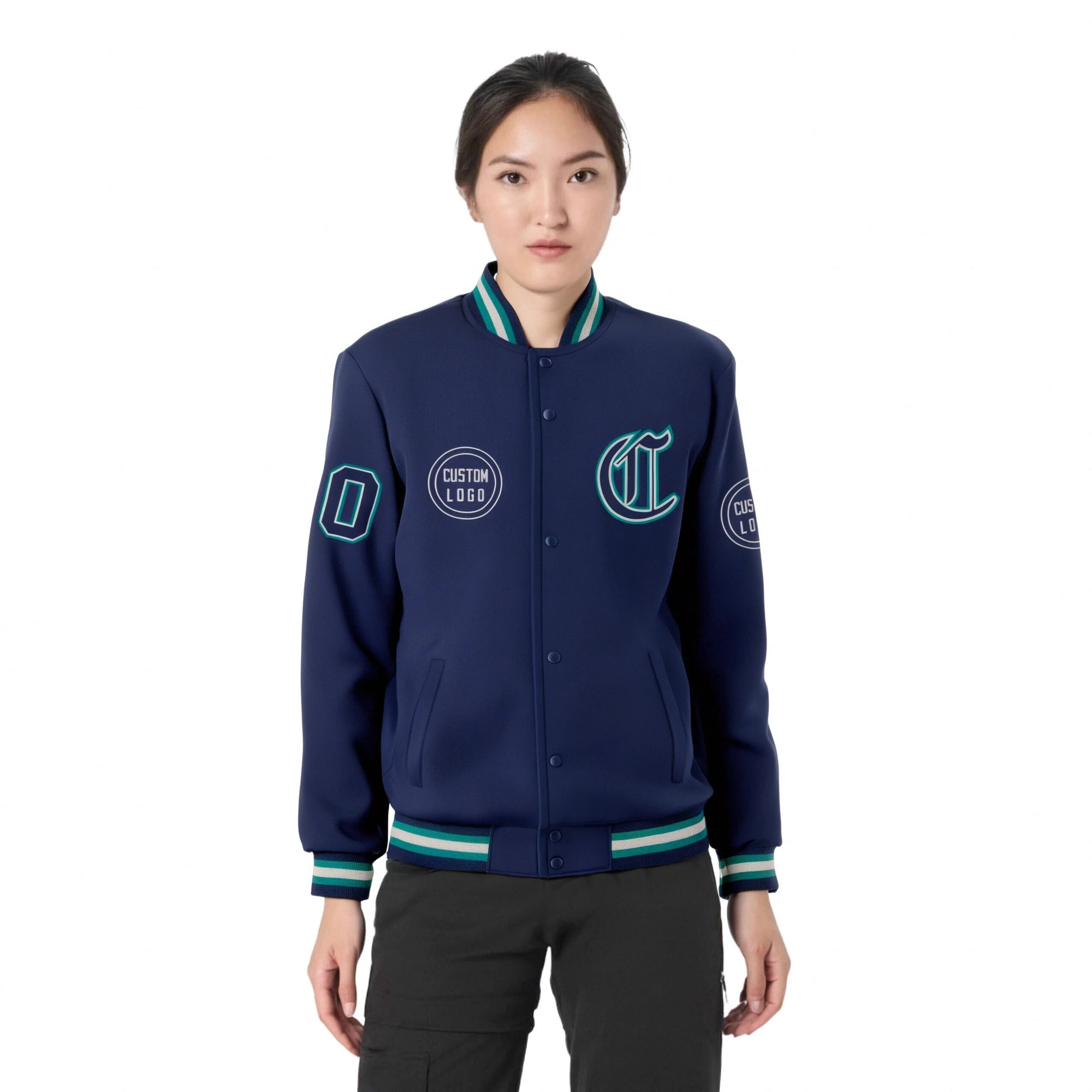 Custom Navy Aqua-Gray Bomber Full-Snap Varsity Letterman Jacket