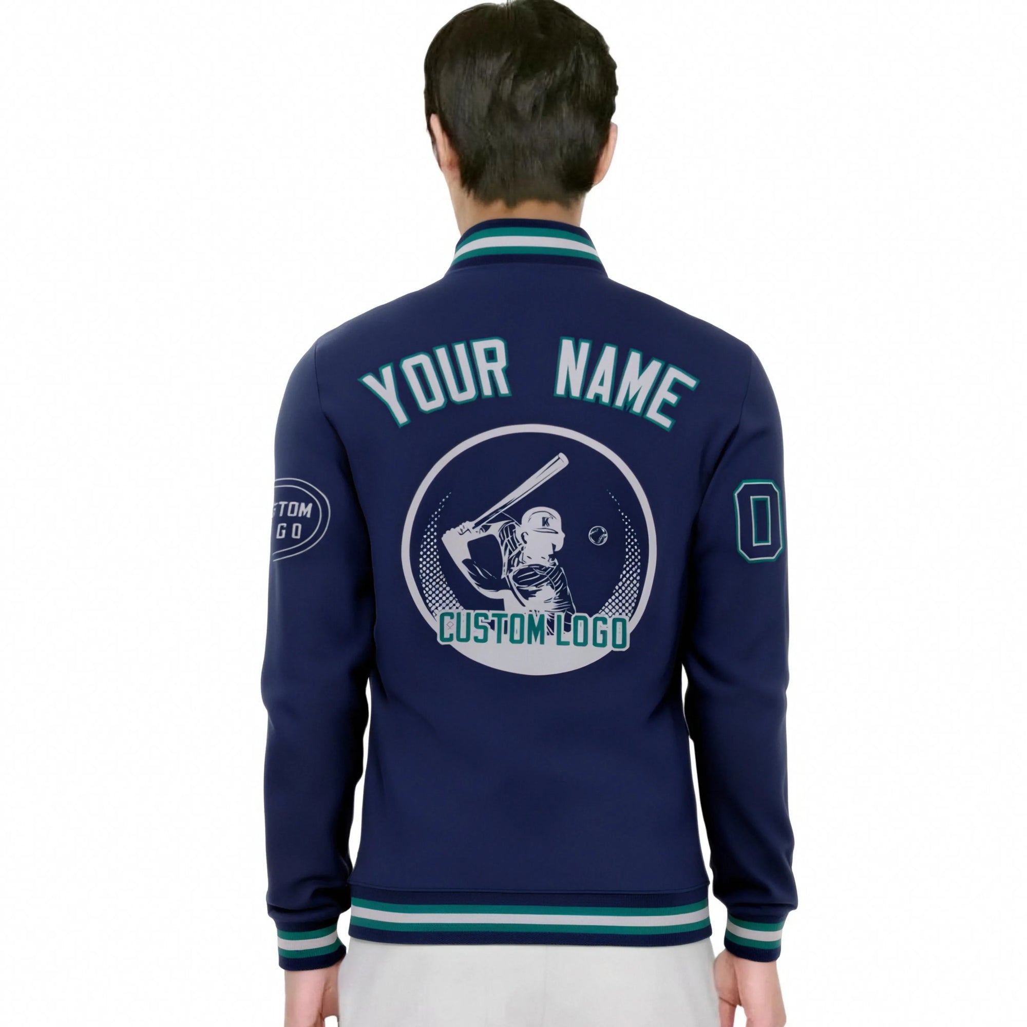 Custom Navy Aqua-Gray Bomber Full-Snap Varsity Letterman Jacket