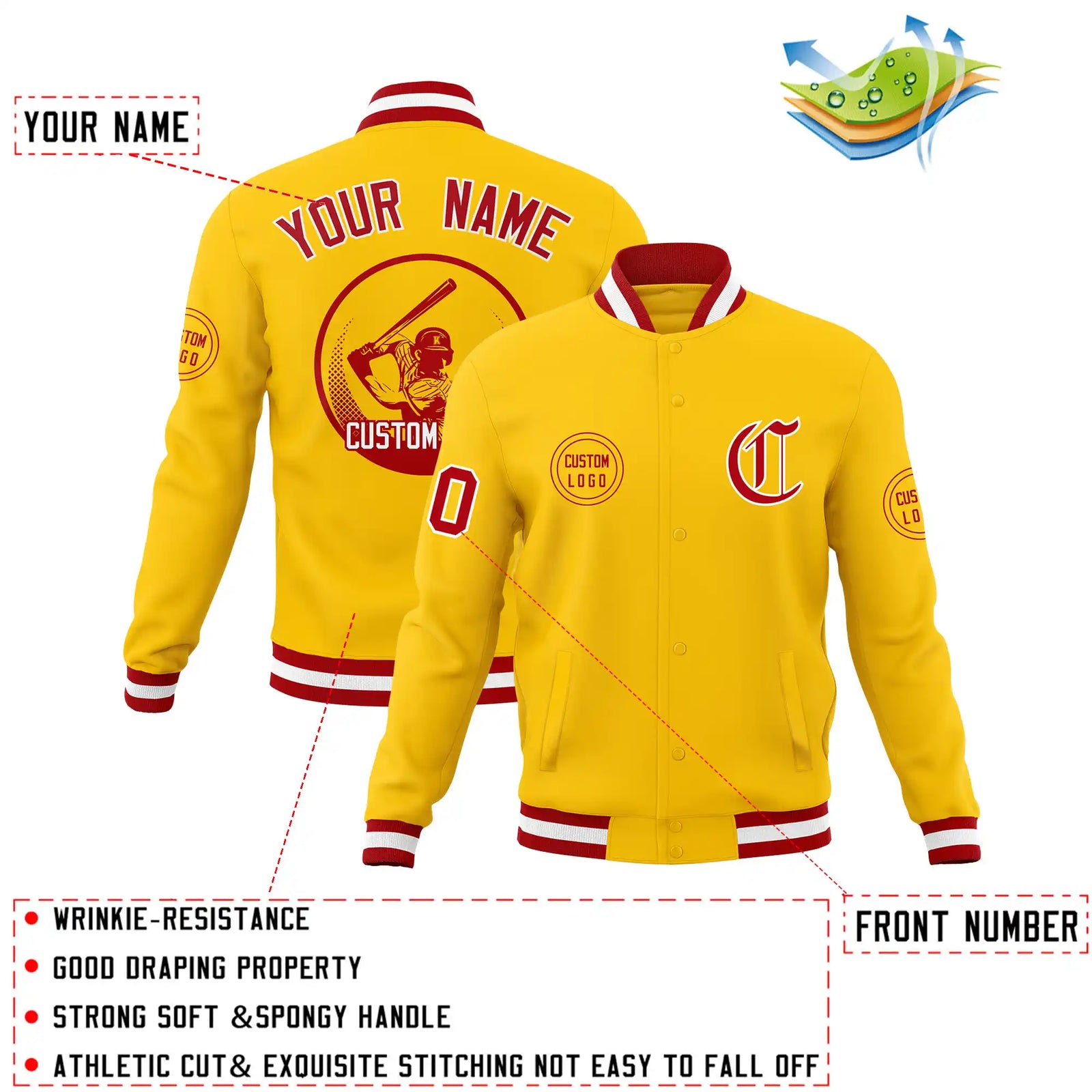 Custom Gold-1 Red-White Bomber Full-Snap Varsity Letterman Jacket