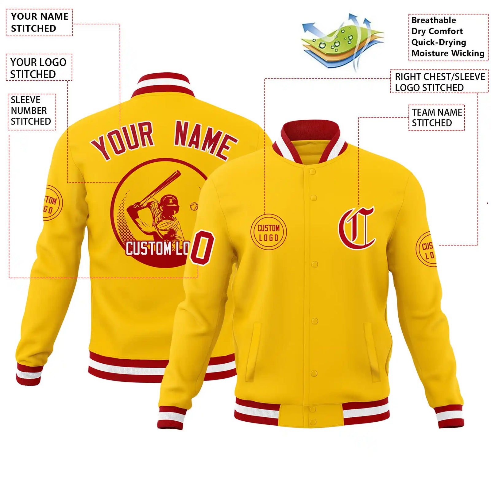 Custom Gold-1 Red-White Bomber Full-Snap Varsity Letterman Jacket