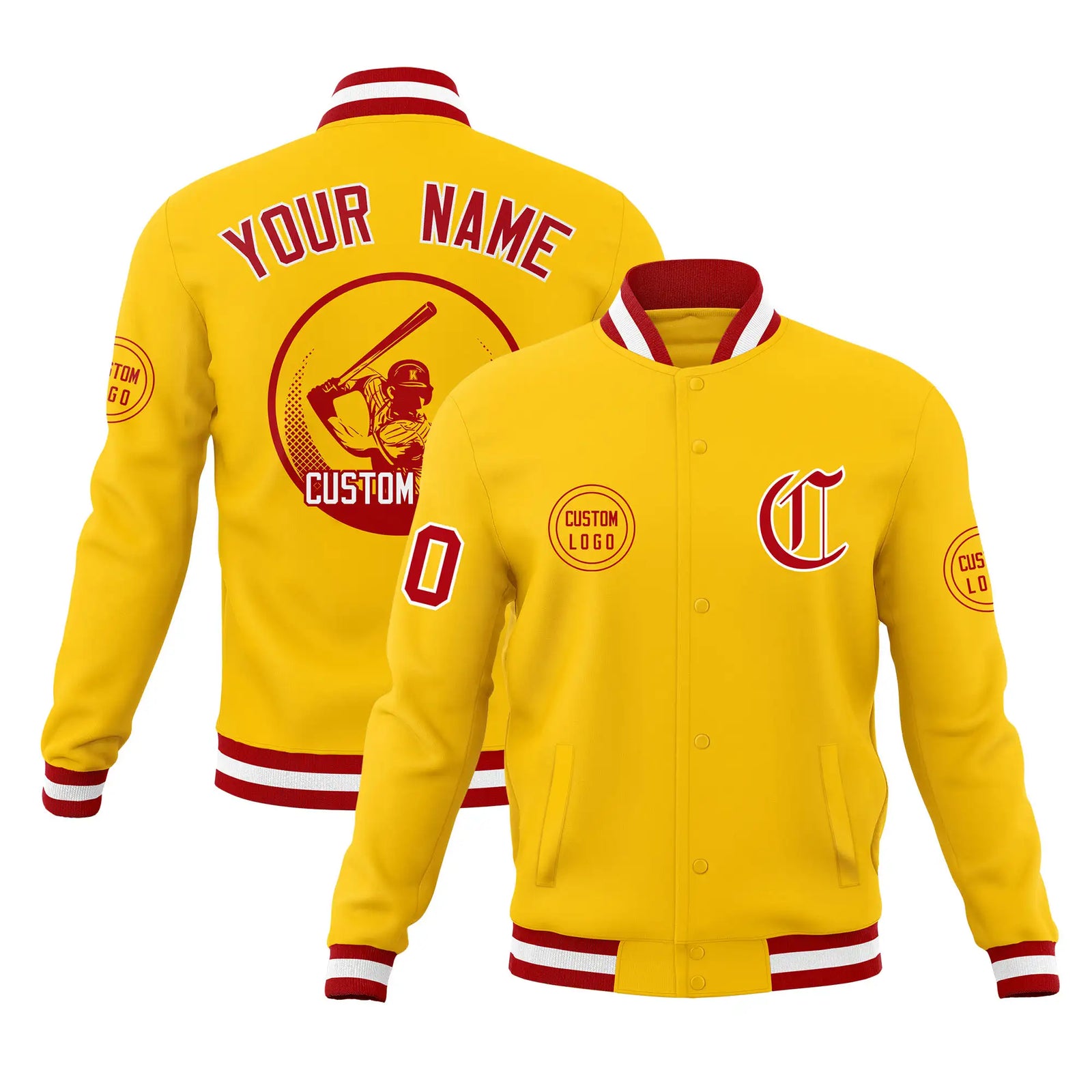 Custom Gold-1 Red-White Bomber Full-Snap Varsity Letterman Jacket