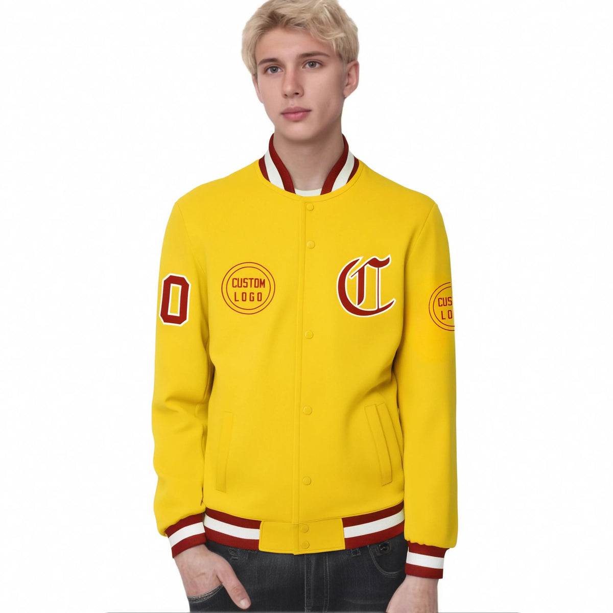 Custom Gold-1 Red-White Bomber Full-Snap Varsity Letterman Jacket