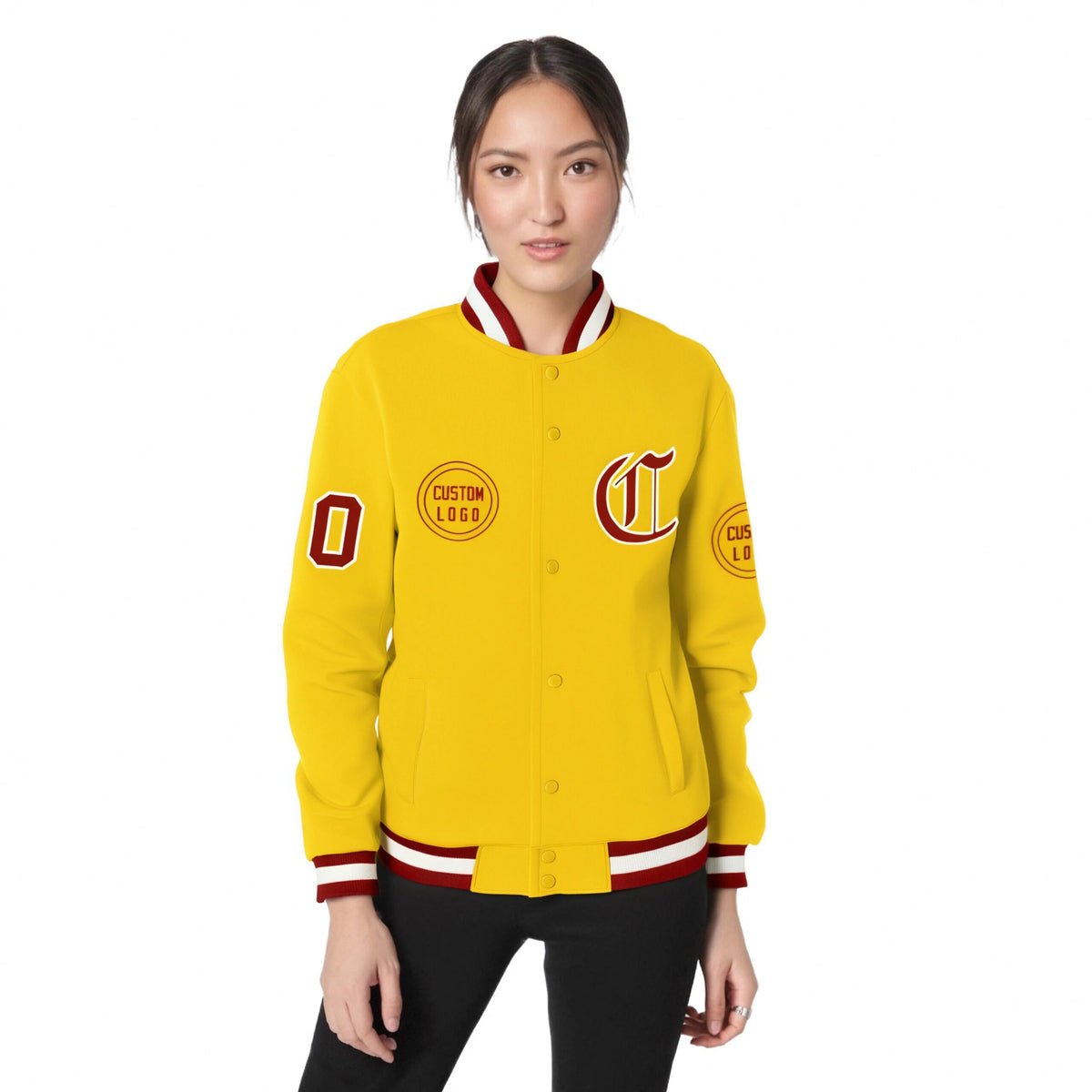 Custom Gold-1 Red-White Bomber Full-Snap Varsity Letterman Jacket