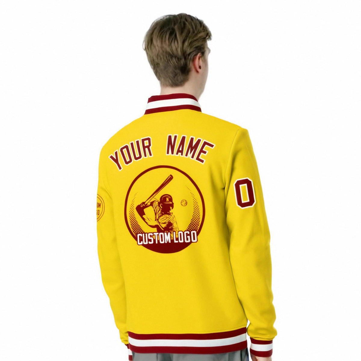 Custom Gold-1 Red-White Bomber Full-Snap Varsity Letterman Jacket