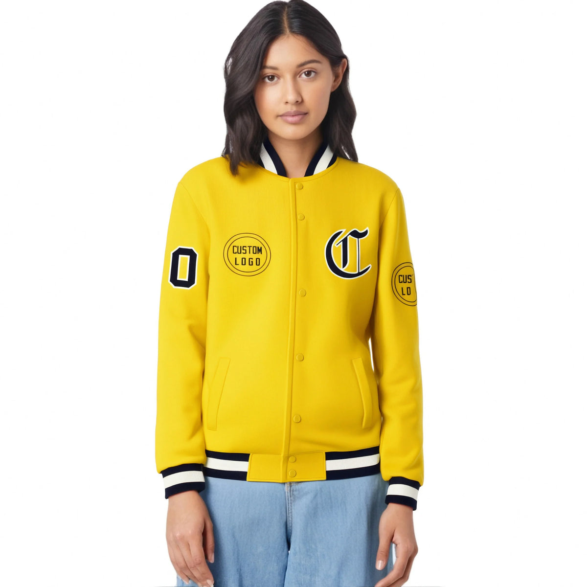 Custom Gold-1 Navy-White Bomber Full-Snap Varsity Letterman Jacket