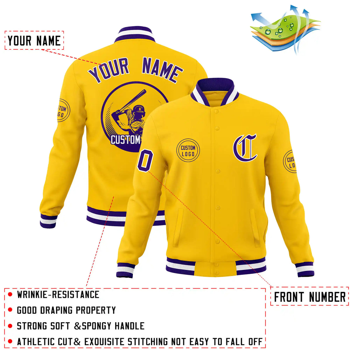 Custom Gold-1 Purple-White Bomber Full-Snap Varsity Letterman Jacket